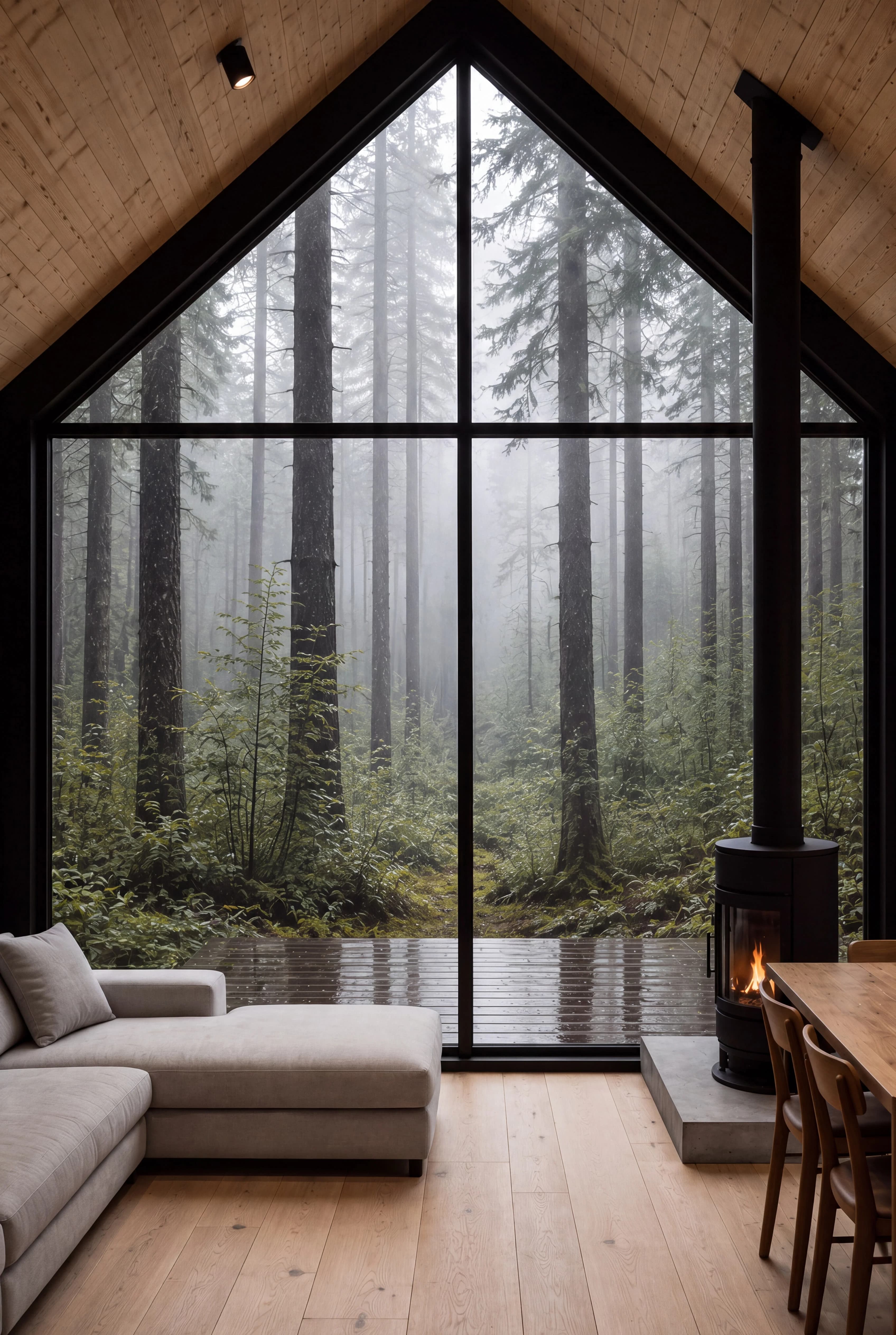 A-frame cabin design with timber floors, a wood stove and full-height windows opening onto the forest — Interior Design by Parallel Creative Agency — Kabin, retreat