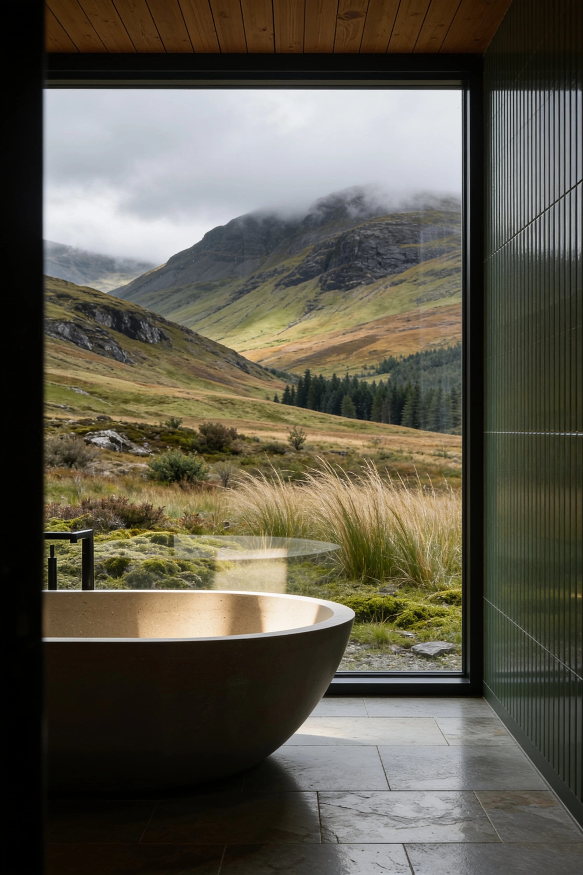 Freestanding bath beside a mountain-view window, featured as a premium getaway on a cabin booking platform — Experience Design by Parallel Creative Agency — Kabin