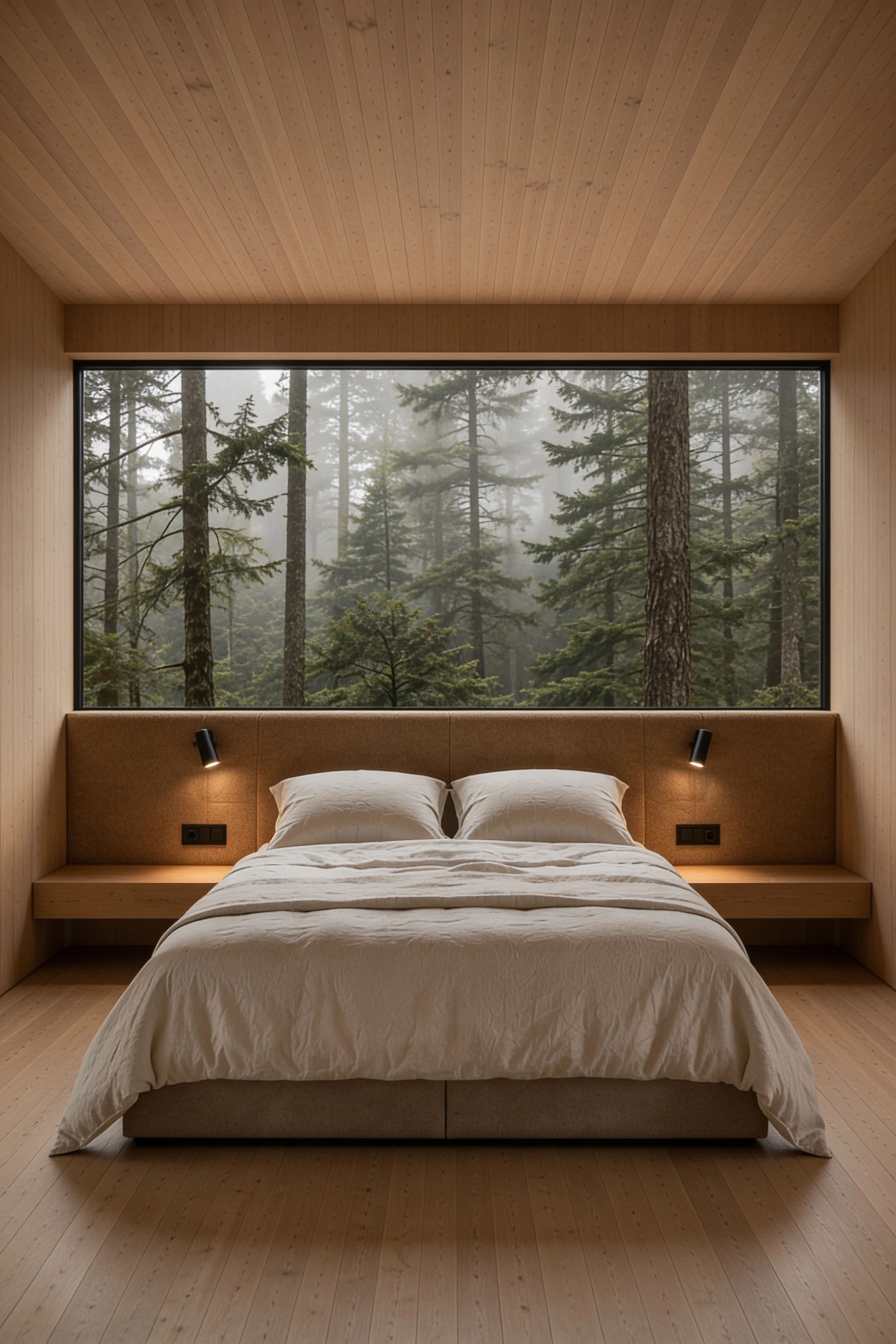 Symmetrical timber bedroom with a panoramic woodland window for a restorative remote getaway destination — Interior Design by Parallel Creative Agency — Kabin, hospitality