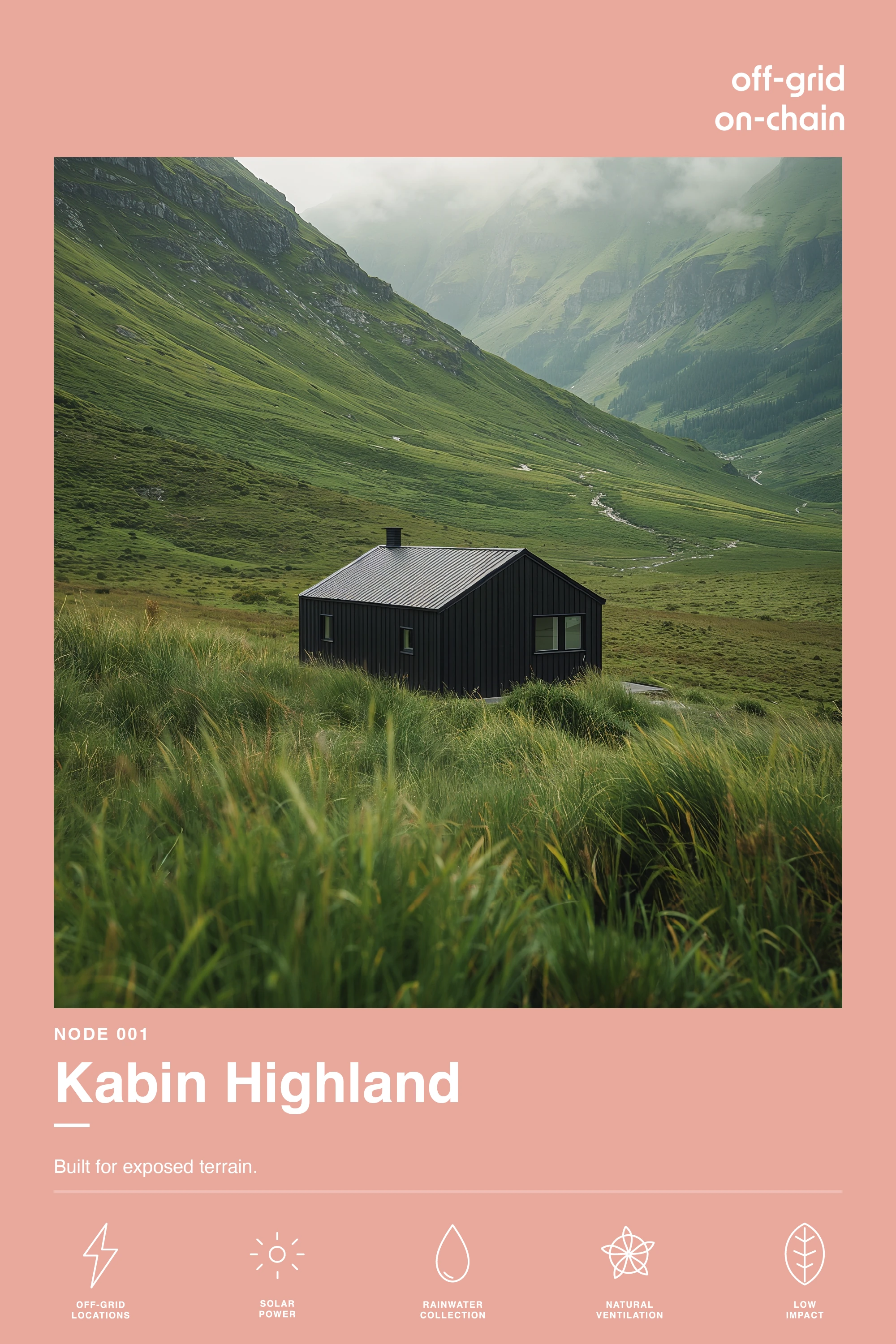 Kabin Highland model card showing a black off-grid cabin in exposed mountain terrain with sustainable utility icons — Brand Design by Parallel Creative Agency — Kabin, remote retreat and outdoor stays