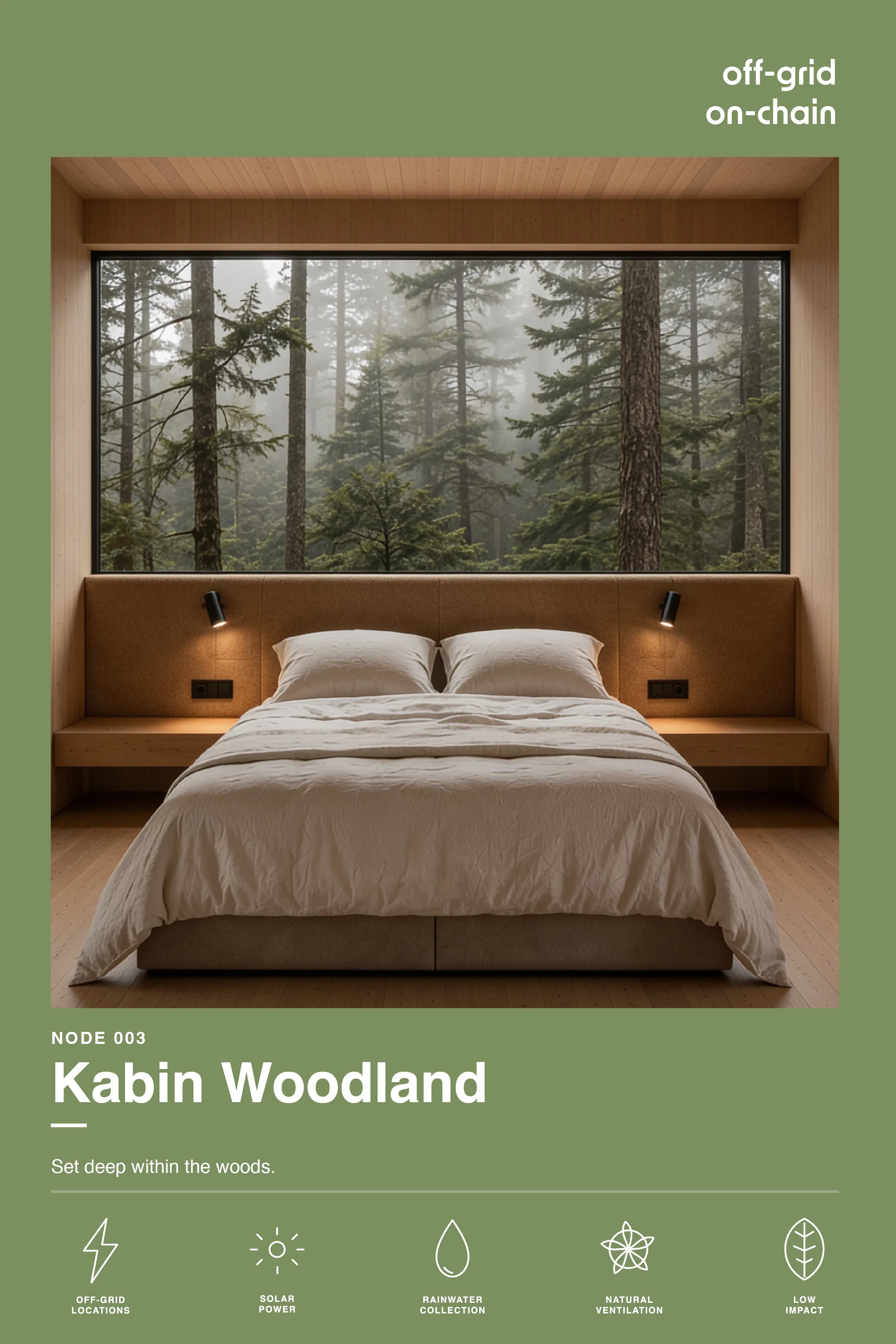 Kabin Woodland model card featuring a timber bedroom deep in the forest with low-impact off-grid amenities — Brand Design by Parallel Creative Agency — Kabin, tiny house franchise and hospitality getaway