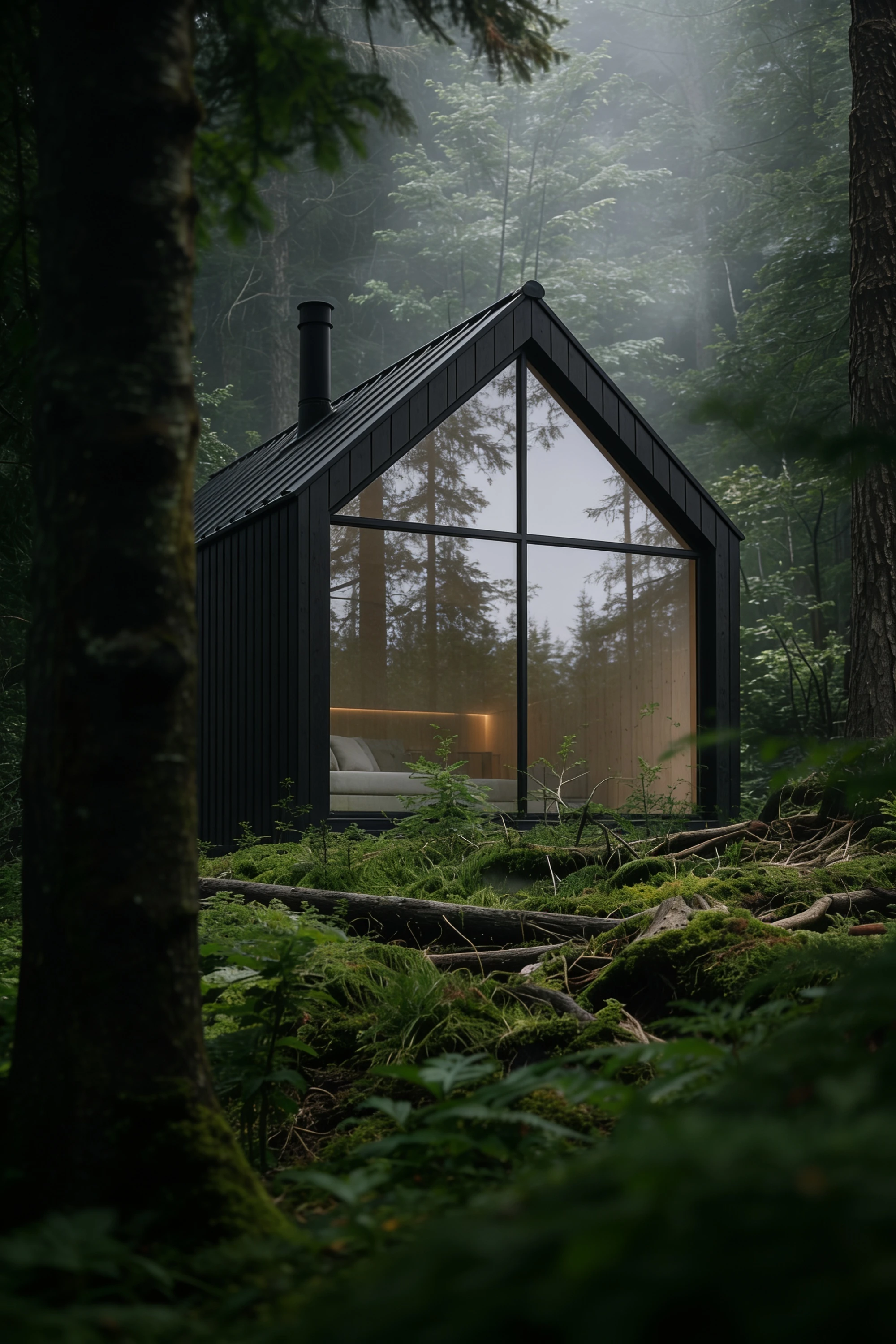 Glass-fronted A-frame cabin glowing among moss-covered trees in a remote forest — Spatial Design by Parallel Creative Agency — Kabin, cabin retreat and outdoor stays