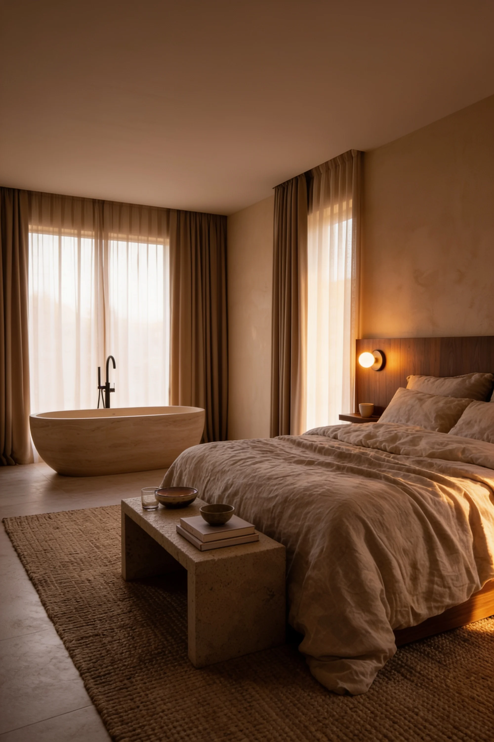 Hotel guest suite with freestanding bath and king bed — Interior Design by Parallel Creative Agency — Lento, hospitality