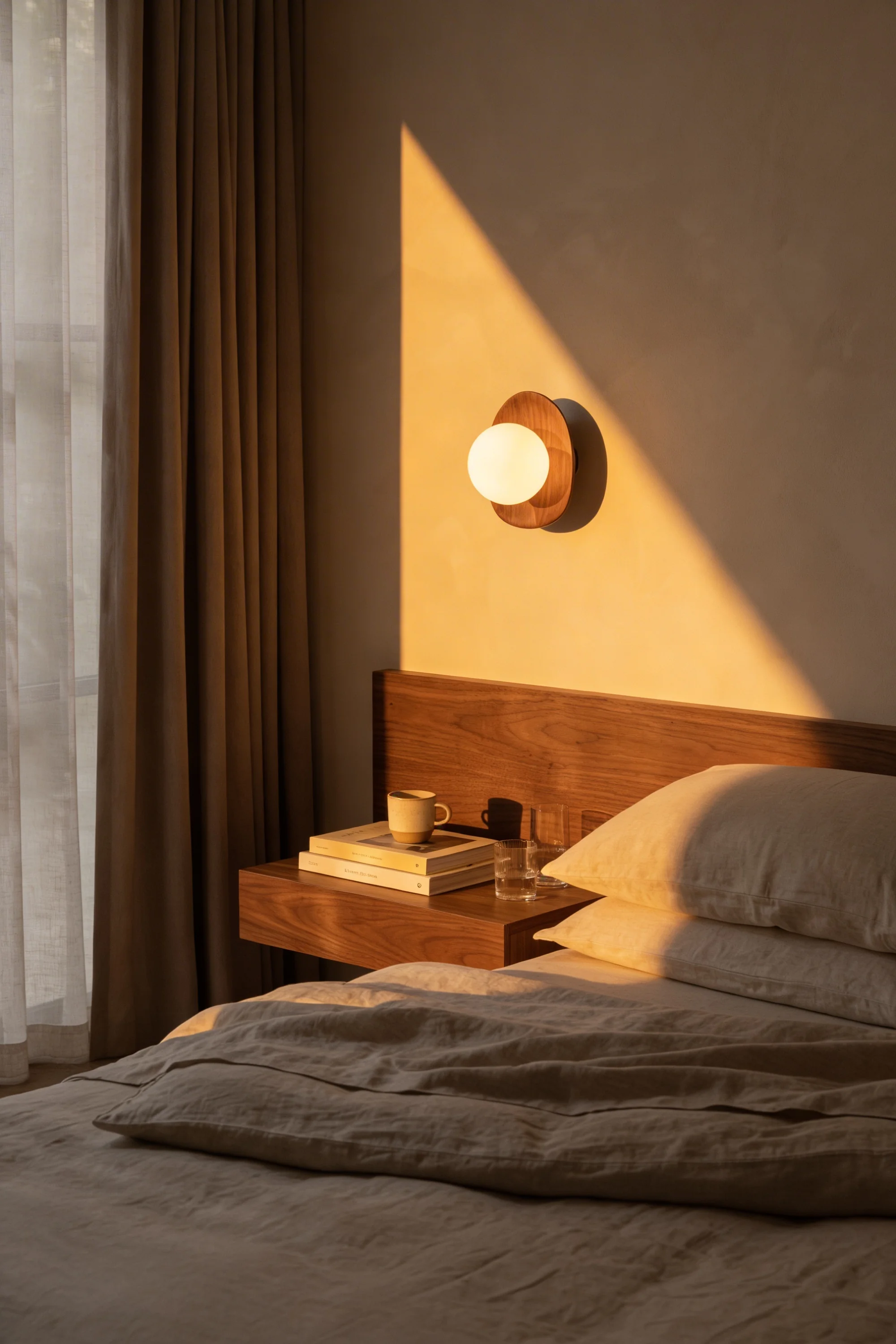 Bedside wall light above timber headboard — Interior Design by Parallel Creative Agency — Lento, hospitality