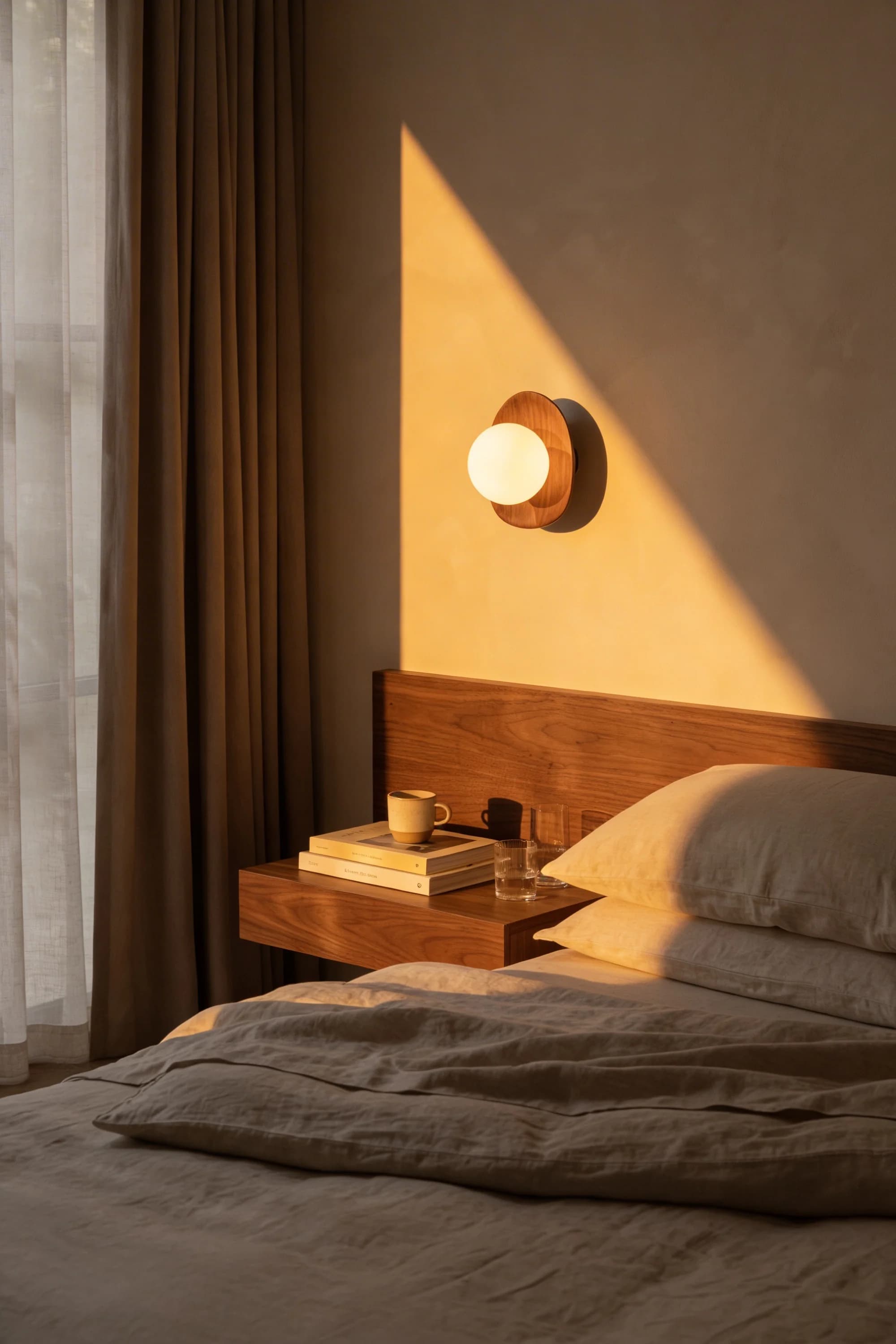 Bedside wall light above timber headboard — Interior Design by Parallel Creative Agency — Lento, hospitality
