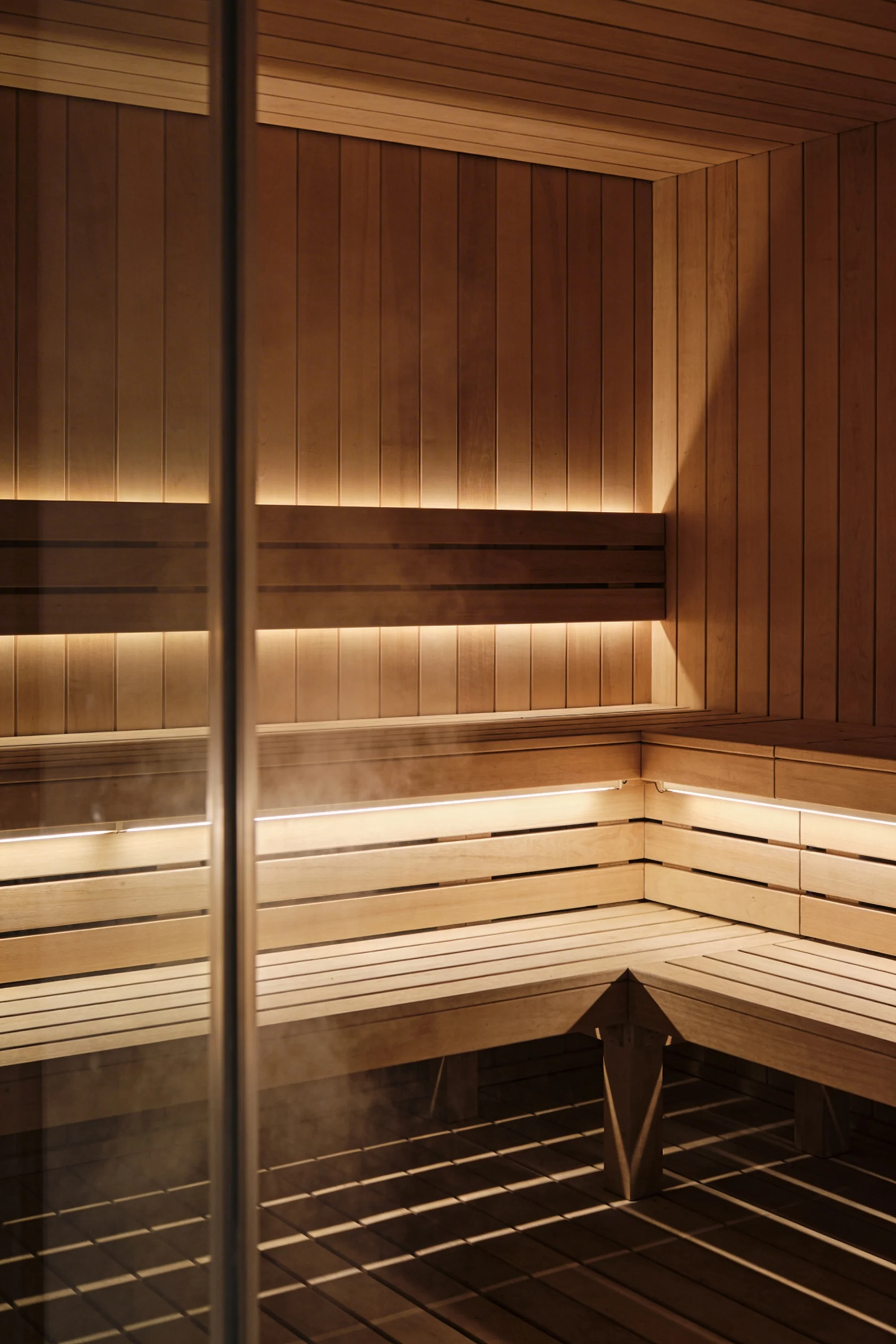 Private timber sauna with stepped seating — Hospitality Design by Parallel Creative Agency — Lento, wellness
