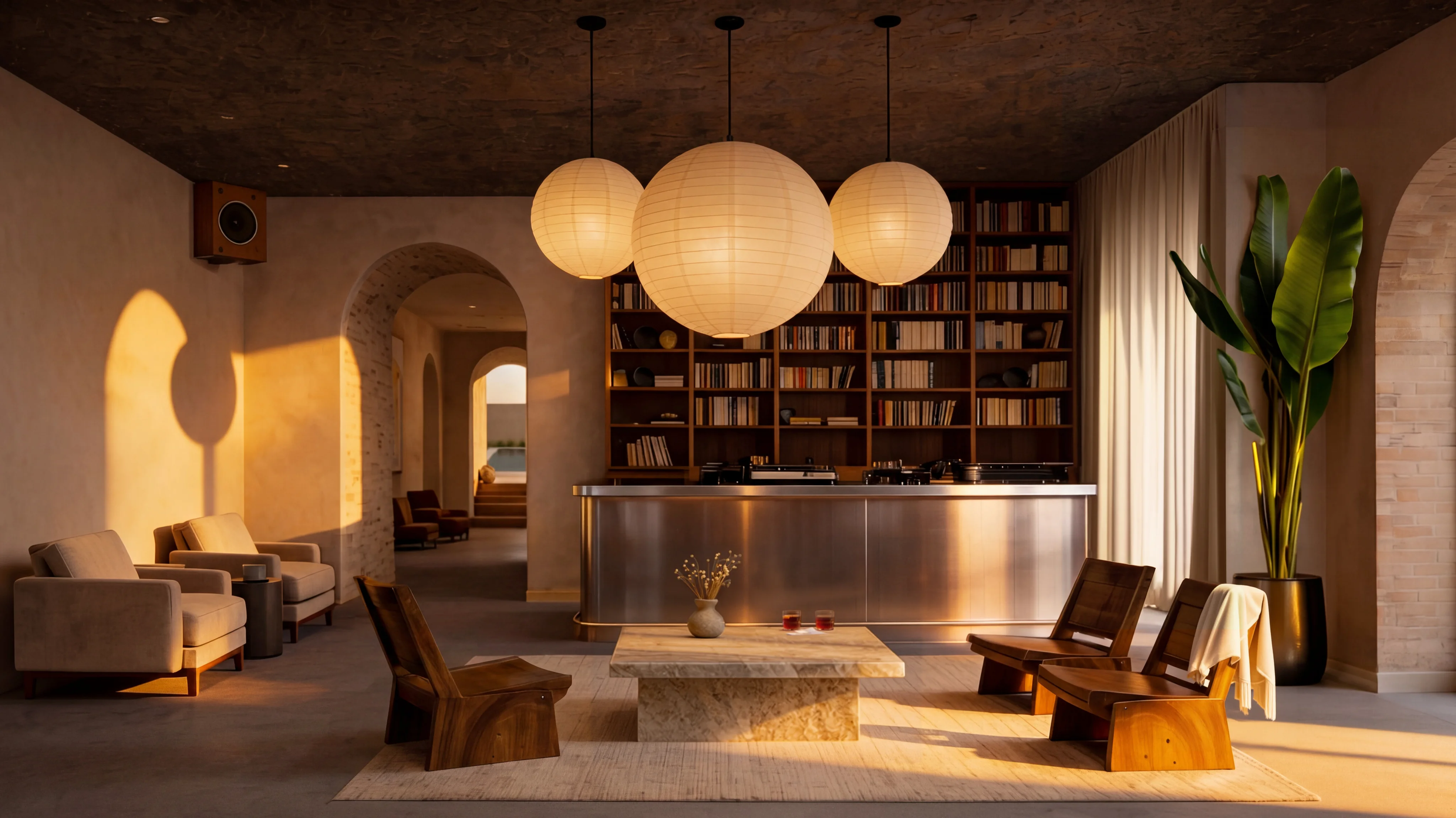 Library and listening room within the hotel lounge — Interior Design by Parallel Creative Agency — Lento, hospitality