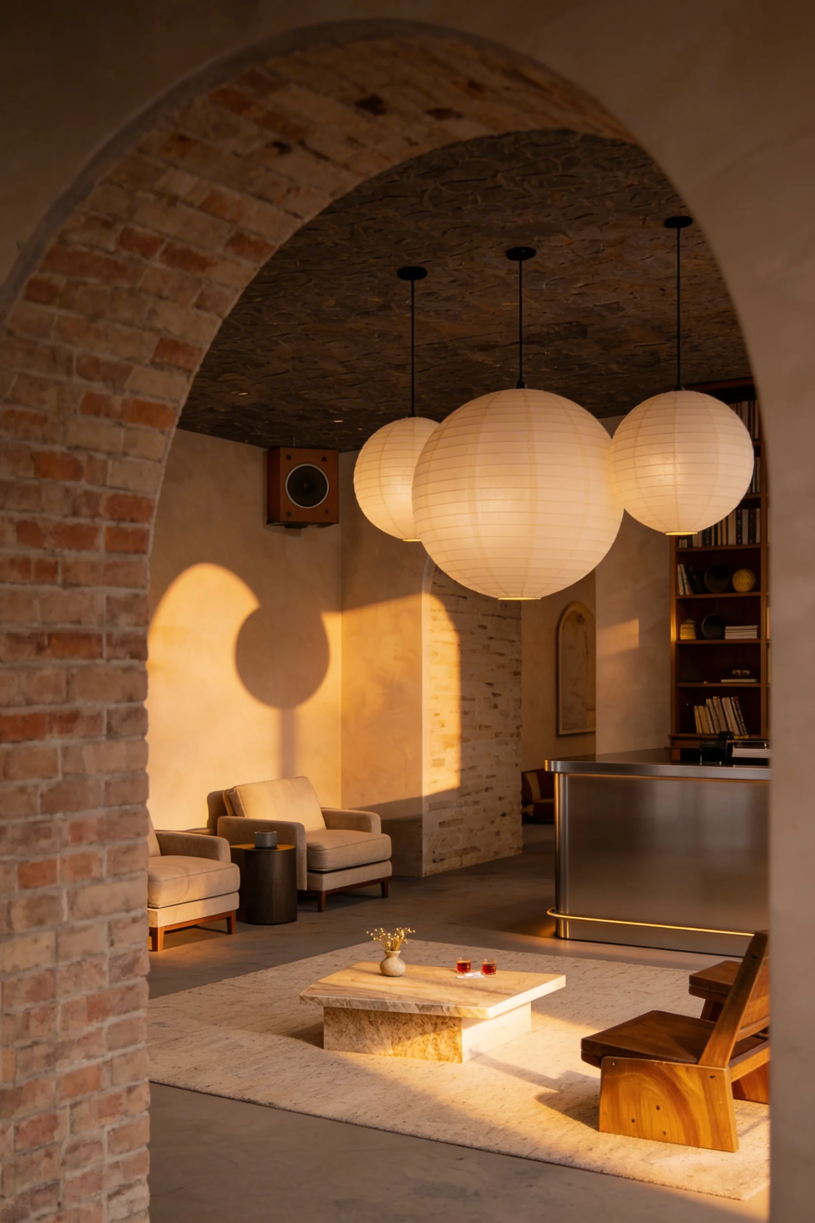 Vaulted lounge with globe pendant lighting — Interior Design by Parallel Creative Agency — Lento, hospitality