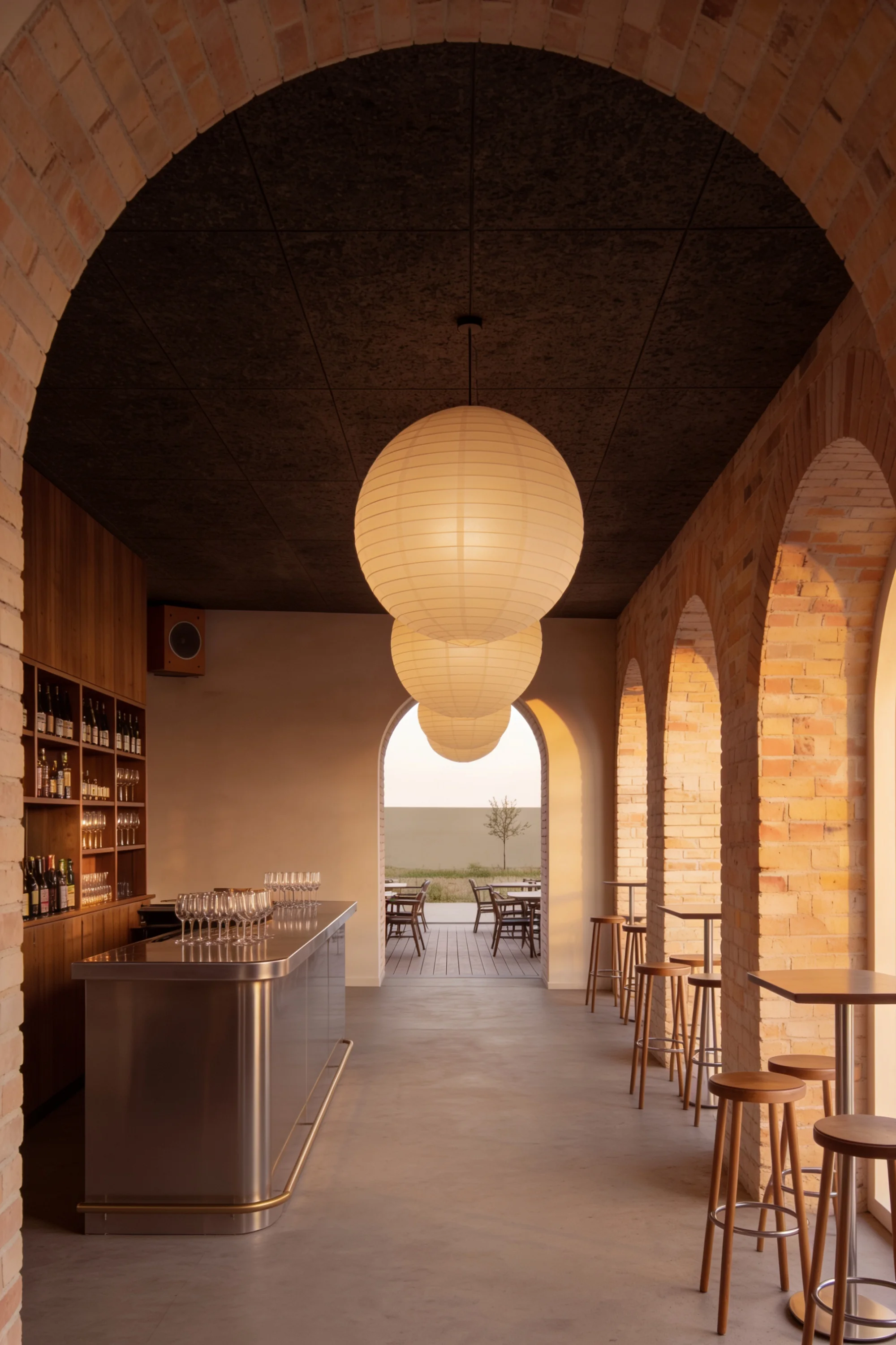 View along the hotel bar with globe lighting — Hospitality Design by Parallel Creative Agency — Lento, hospitality