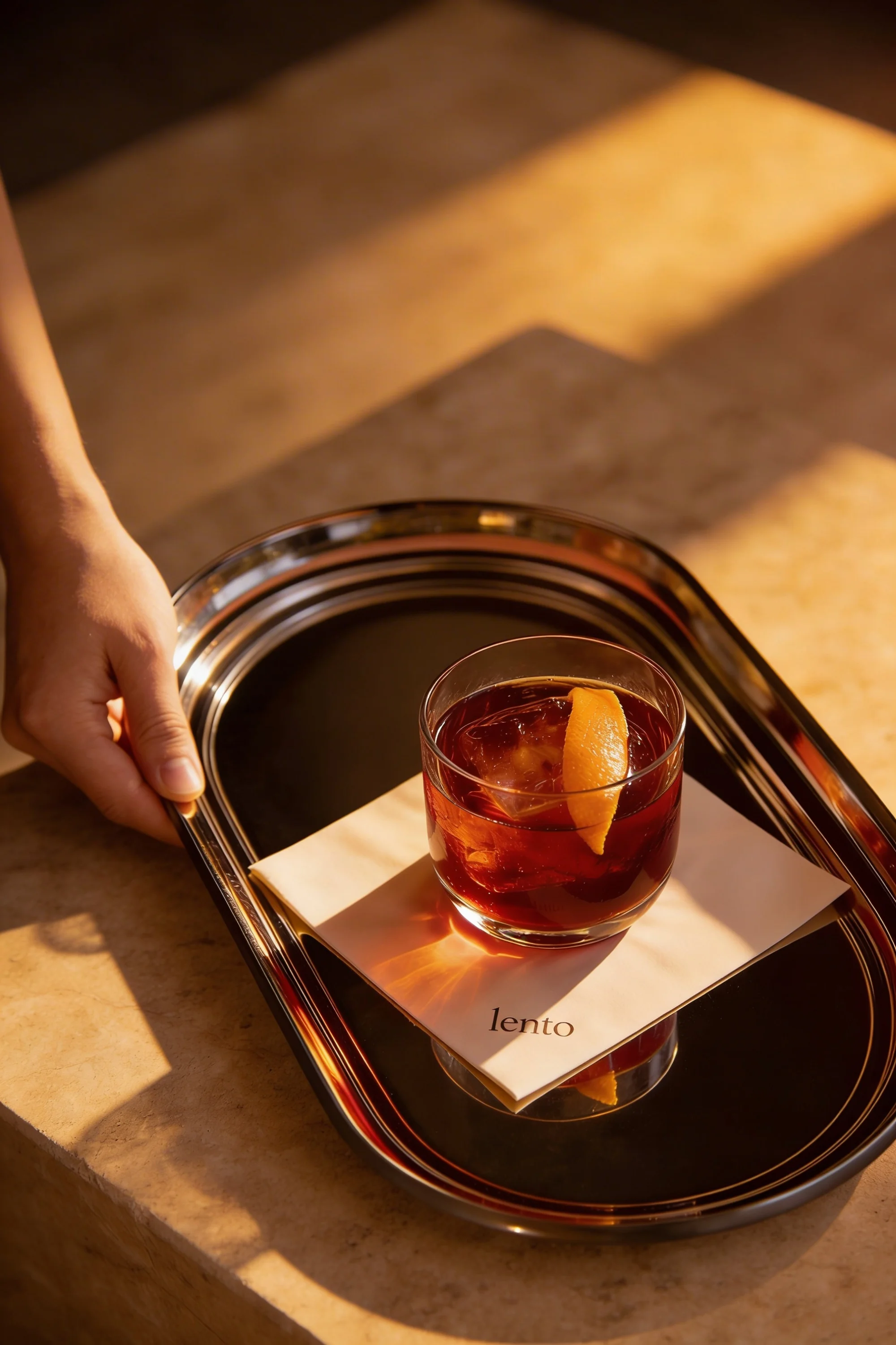Cocktail served on tray — Experience Design by Parallel Creative Agency — Lento, hospitality