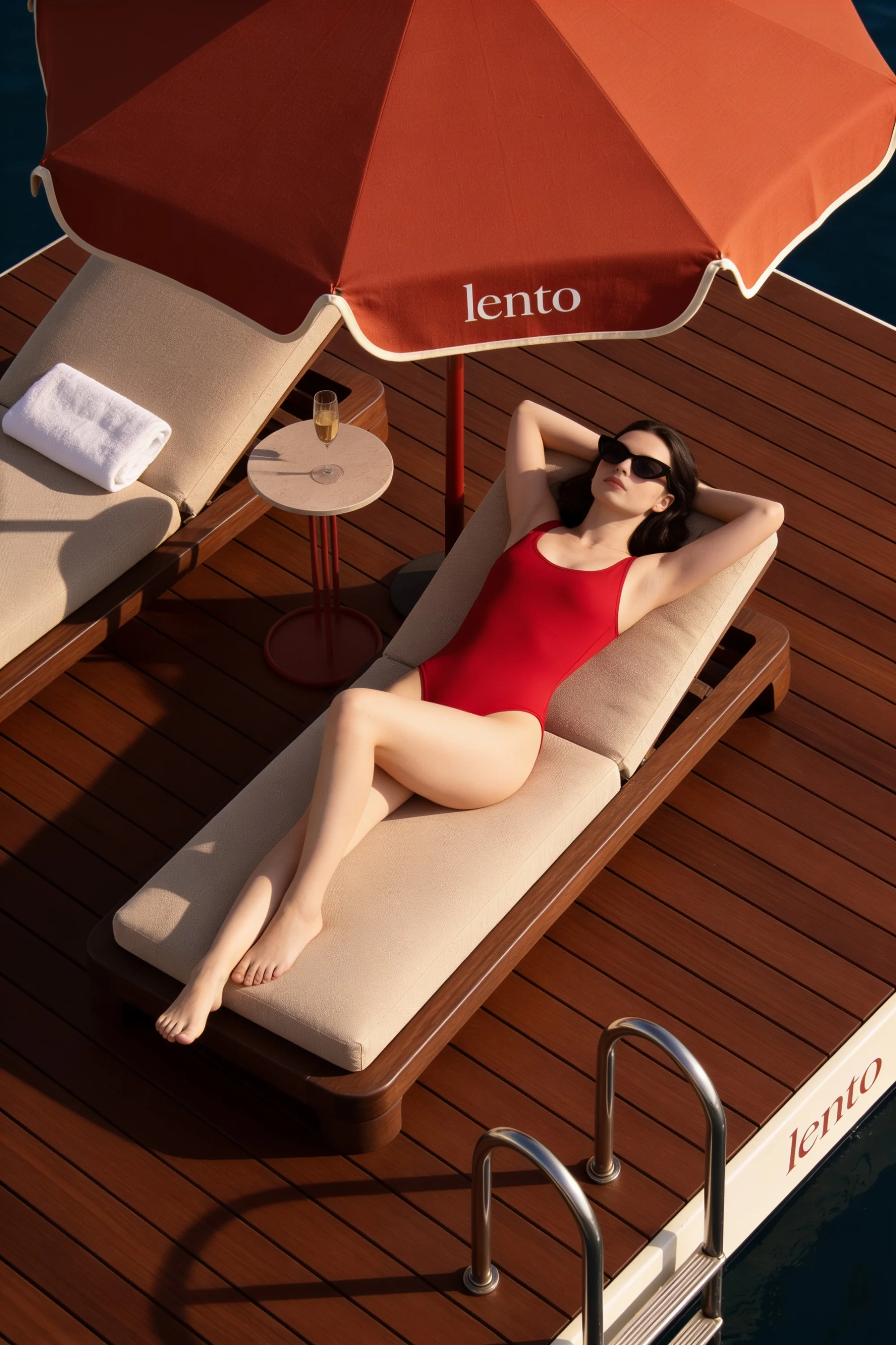 Guest beneath a Lento branded parasol on the floating deck — Experience Design by Parallel Creative Agency — Lento, hospitality