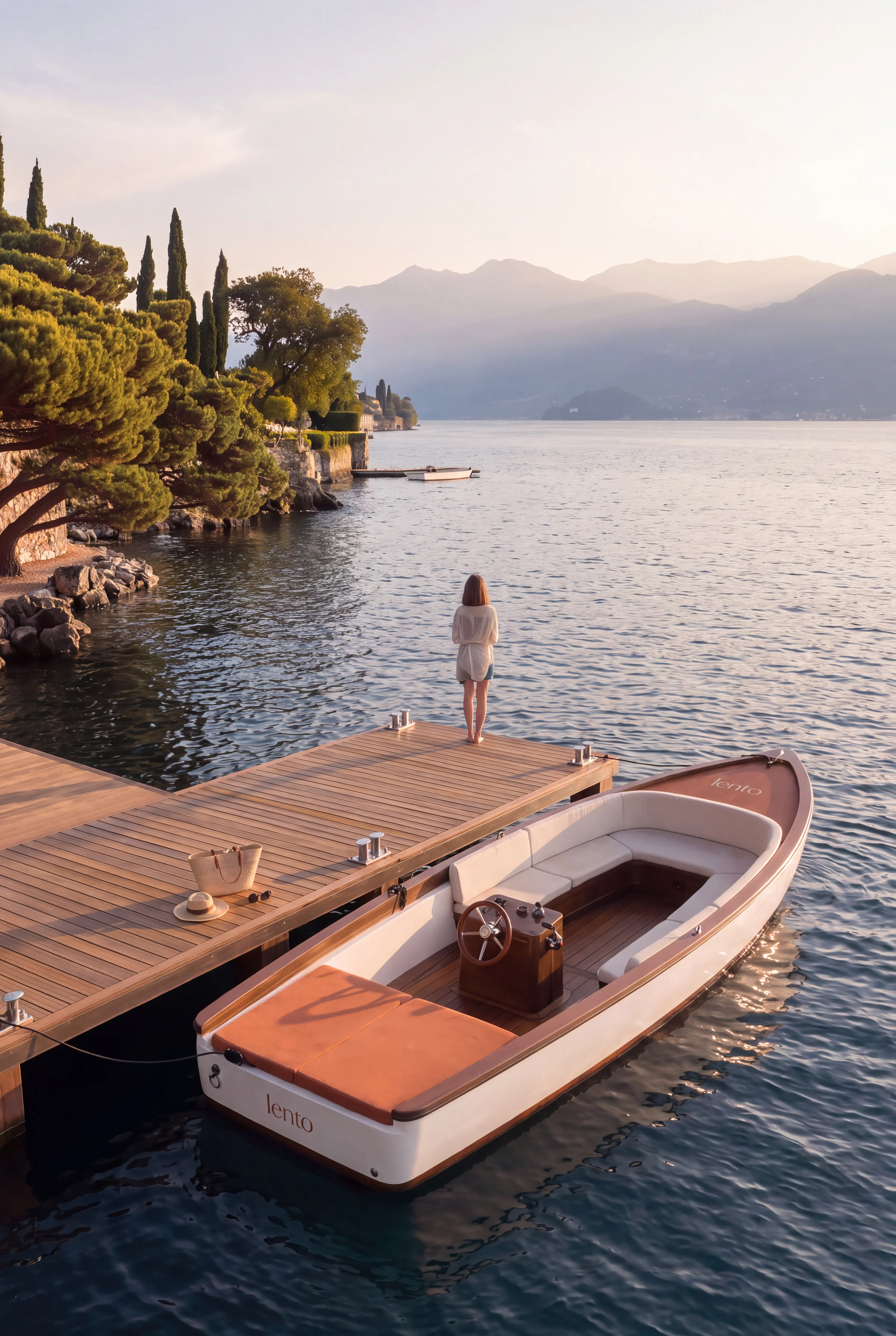 Woman standing on a timber jetty beside a Lento branded boat at sunset — Experience Design by Parallel Creative Agency — Lento, hospitality