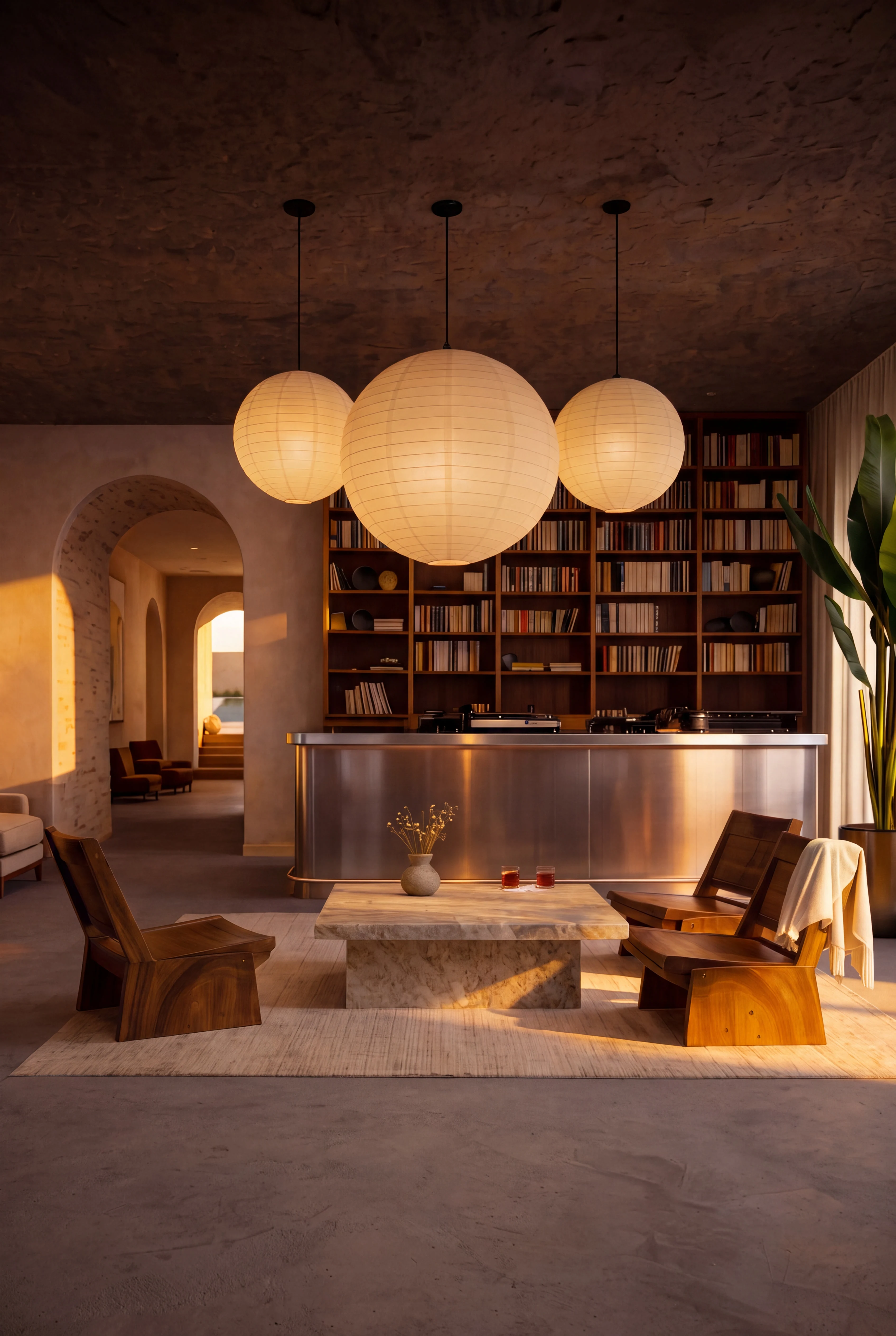 Library lounge with oversized paper pendant lights and a metal-fronted bar — Interior Design by Parallel Creative Agency — Lento, hospitality