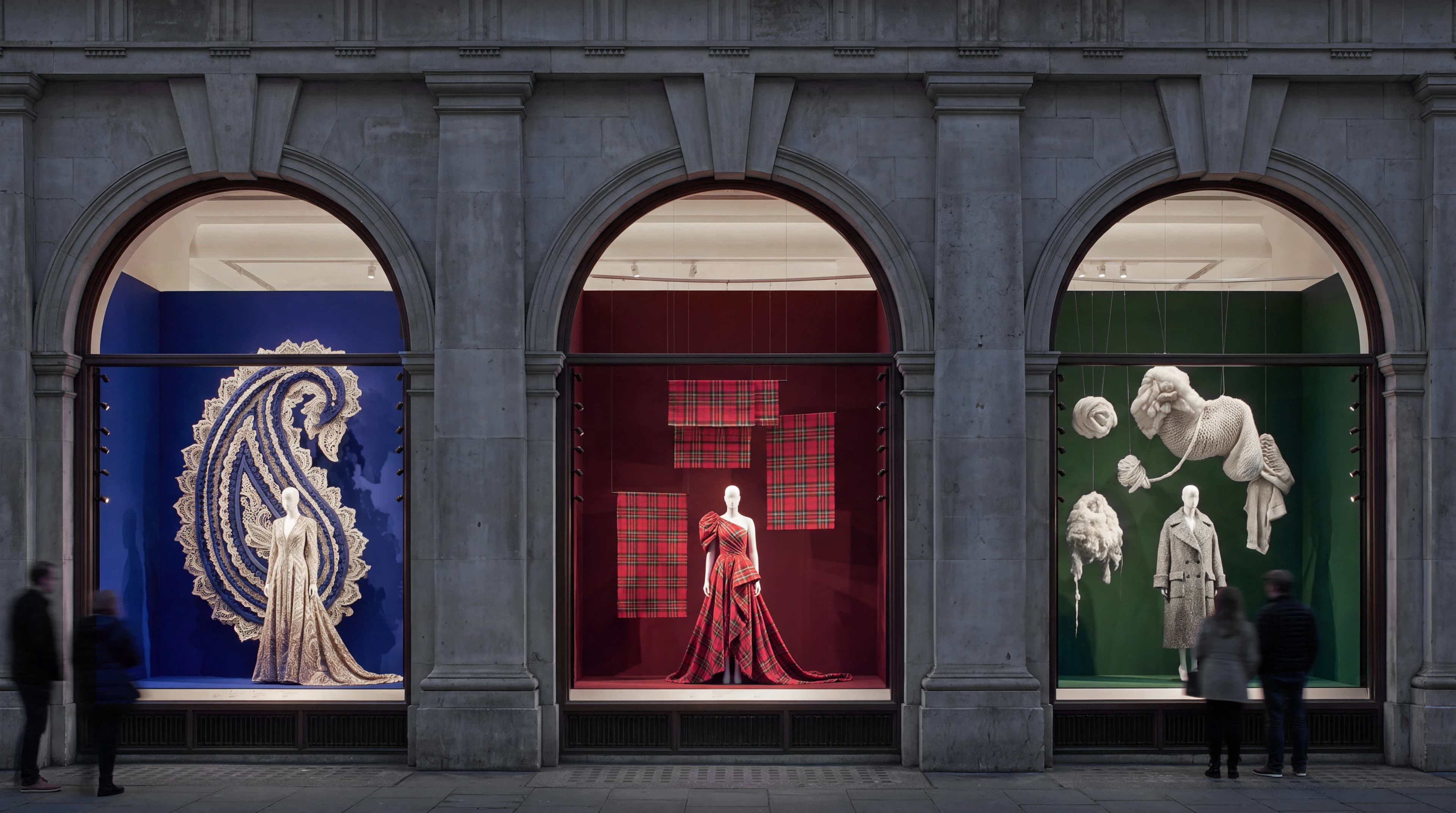 Three arched exhibition windows showing Paisley, Tartan and Tweed fashion installations — Window Concept by Parallel Creative Agency — Loom, culture and fashion