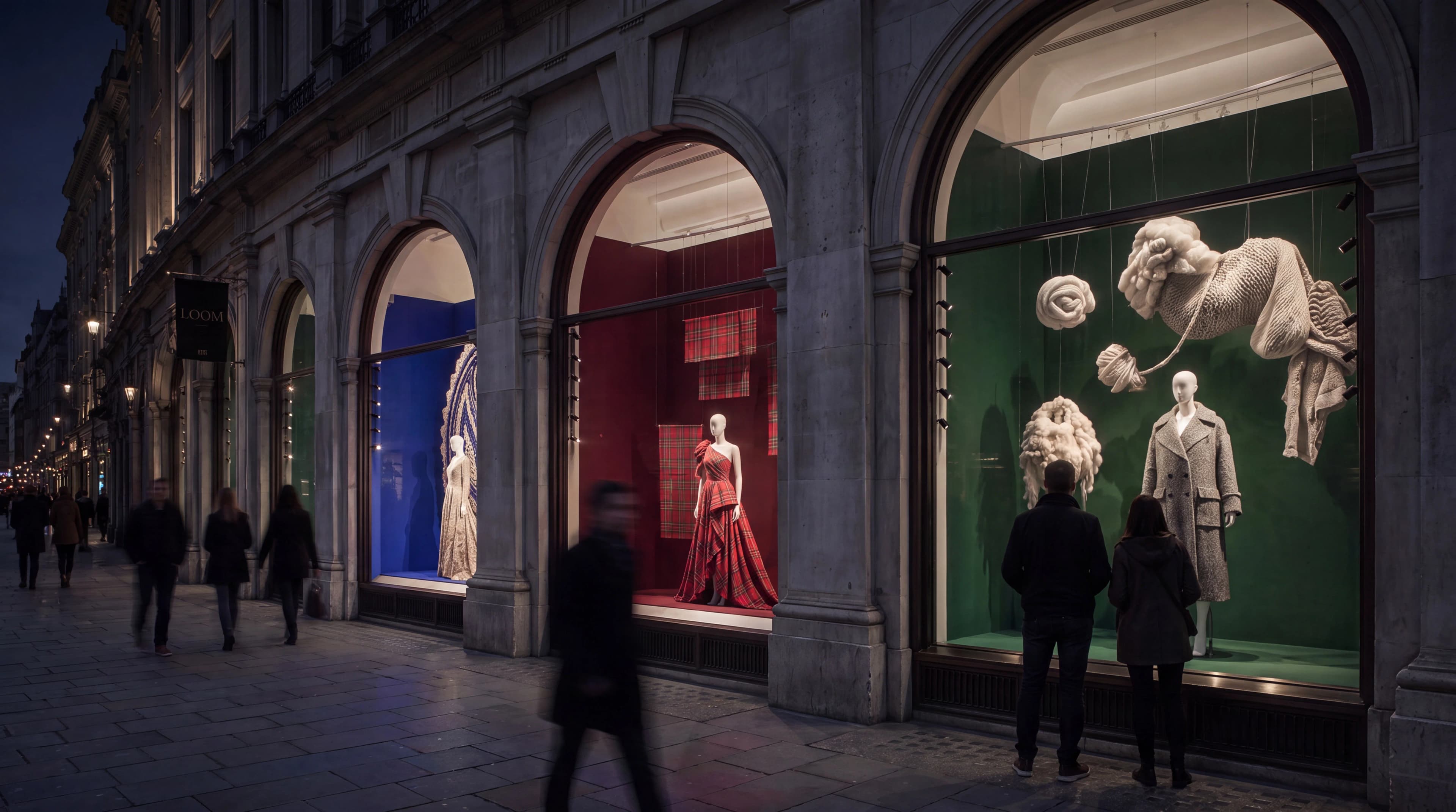 Visitors viewing illuminated Paisley, Tartan and Tweed exhibition windows at night — Experience Design by Parallel Creative Agency — Loom, culture