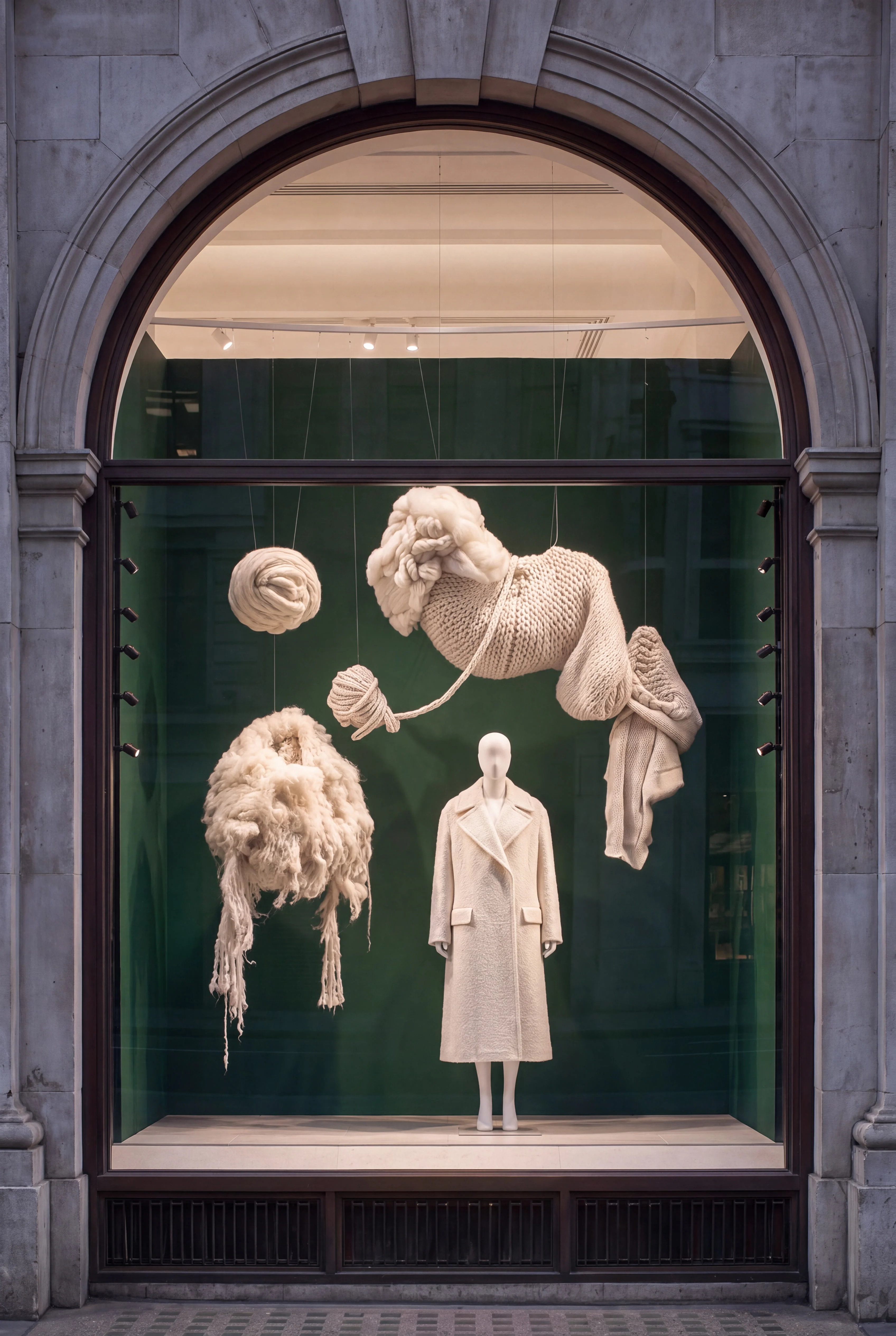 Arched exhibition window with a tweed coat and suspended wool-making materials — Window Concept by Parallel Creative Agency — Loom, fashion