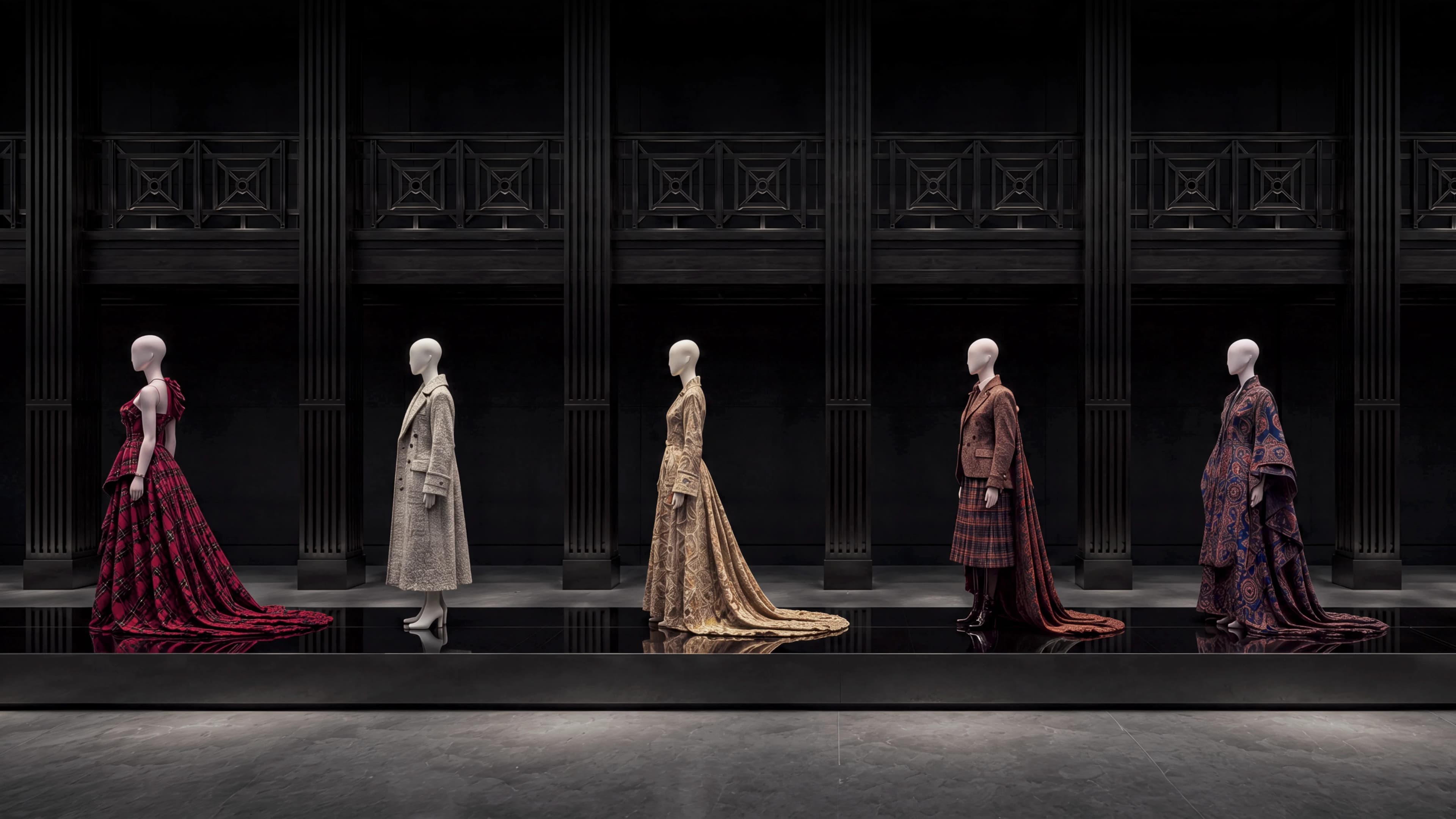 Five mannequins wearing contemporary gowns inspired by Scottish textile patterns — Interiors by Parallel Creative Agency — Loom, fashion