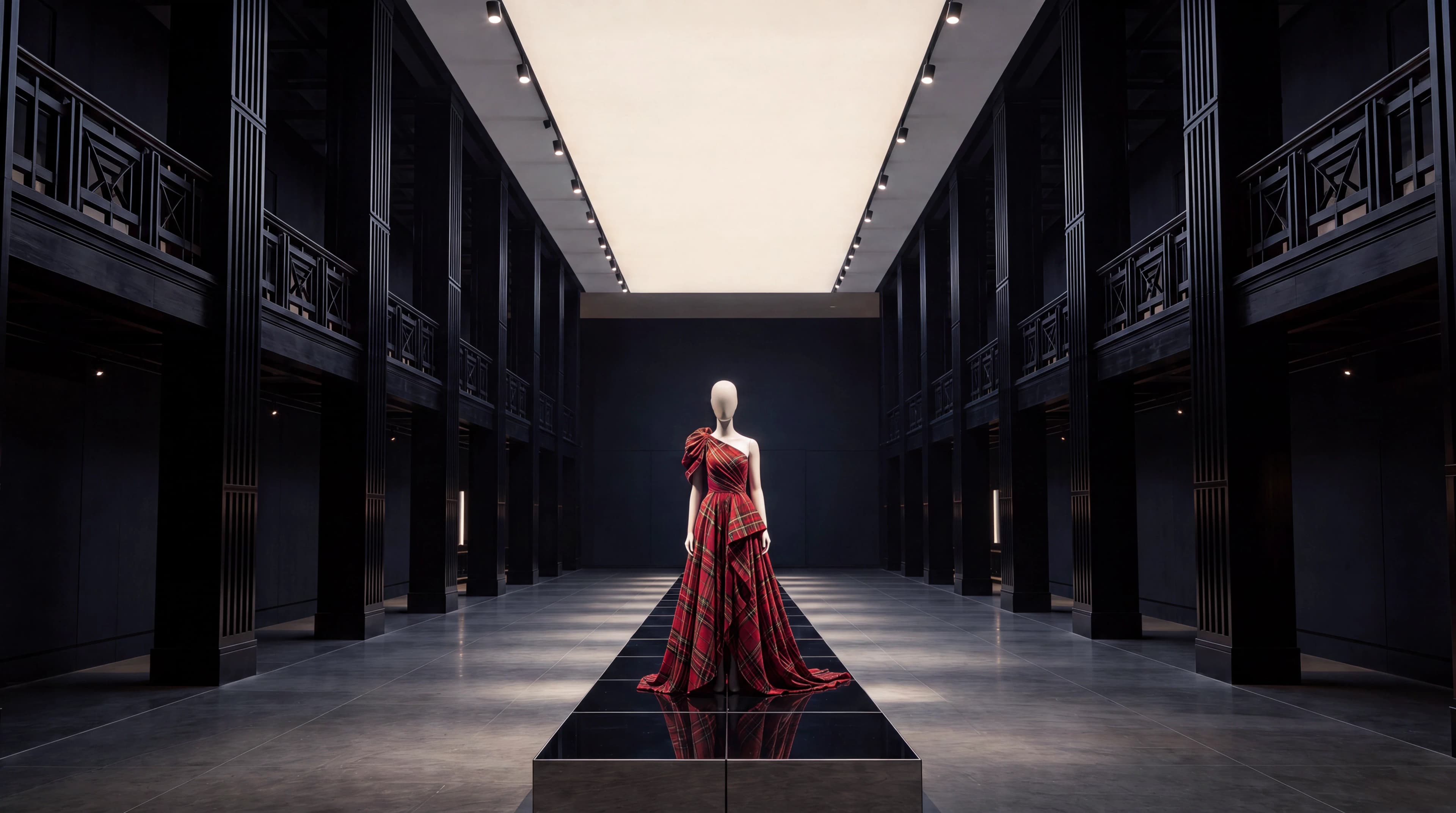 Red tartan gown presented on a mirrored plinth in a dark exhibition gallery — Interiors by Parallel Creative Agency — Loom, fashion