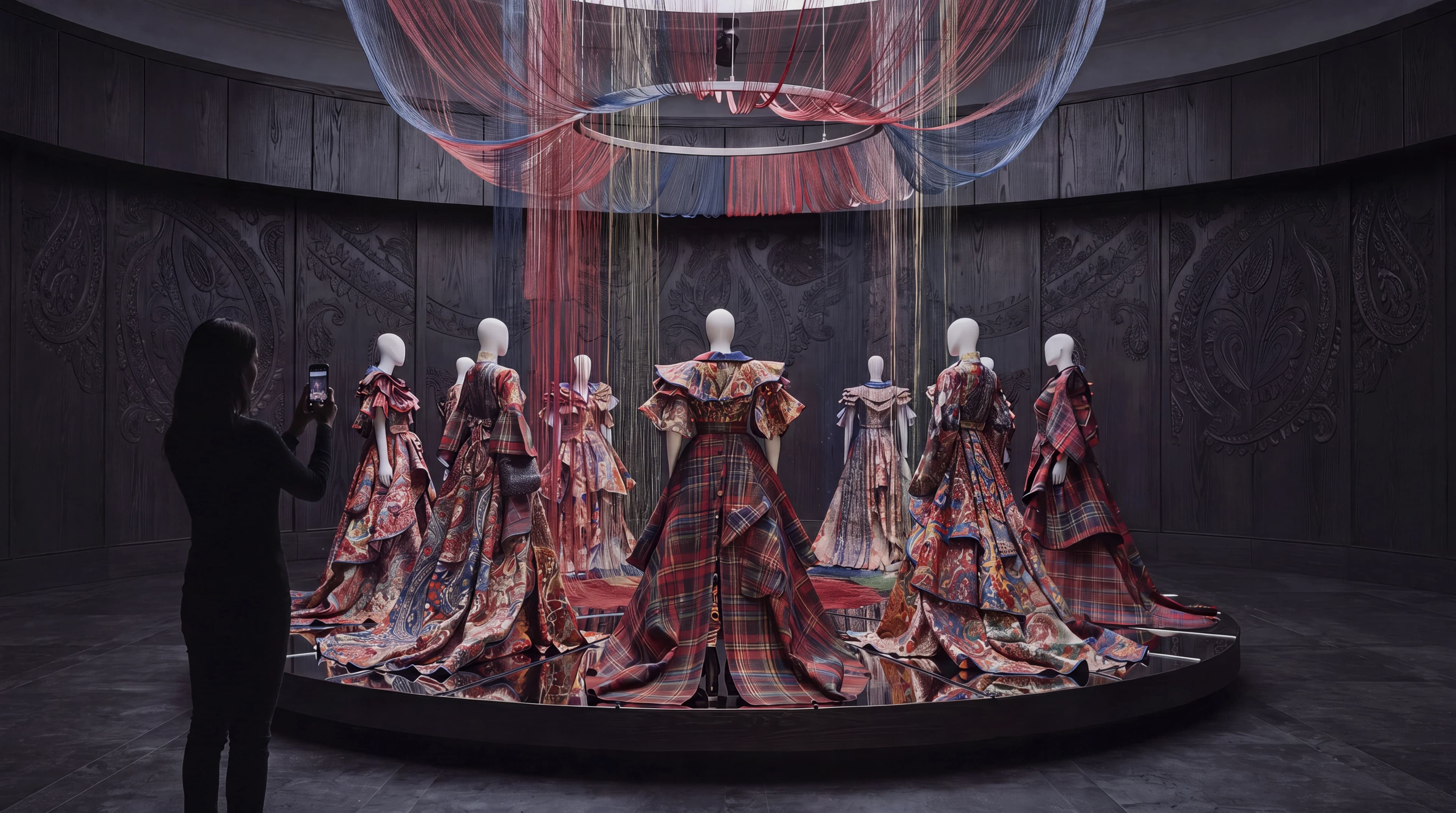 Visitor photographing a circular installation of patterned gowns beneath suspended threads — Spatial Design by Parallel Creative Agency — Loom, culture