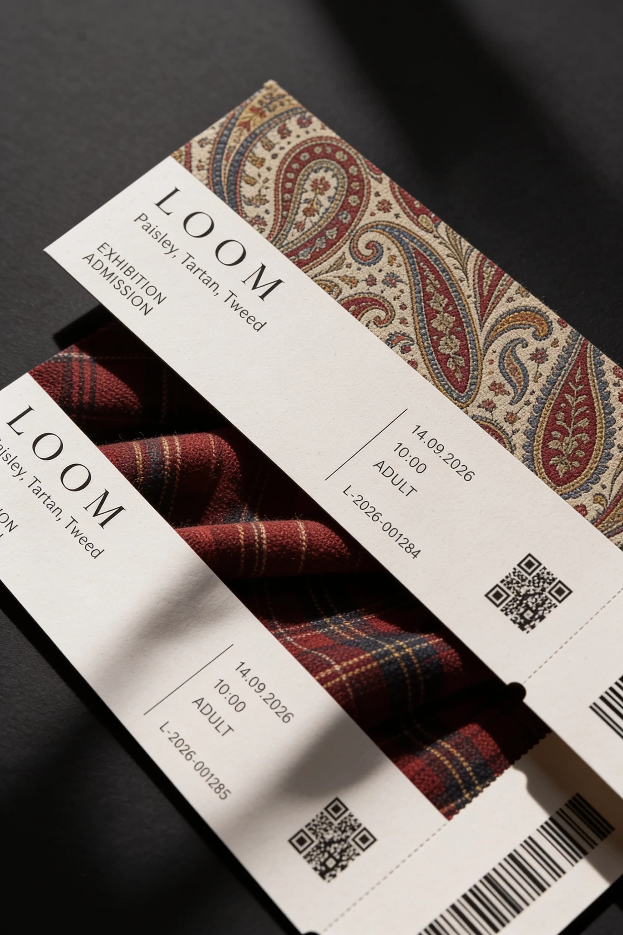 Loom exhibition admission tickets featuring Paisley and Tartan pattern artwork — Experience Design by Parallel Creative Agency — Loom, culture