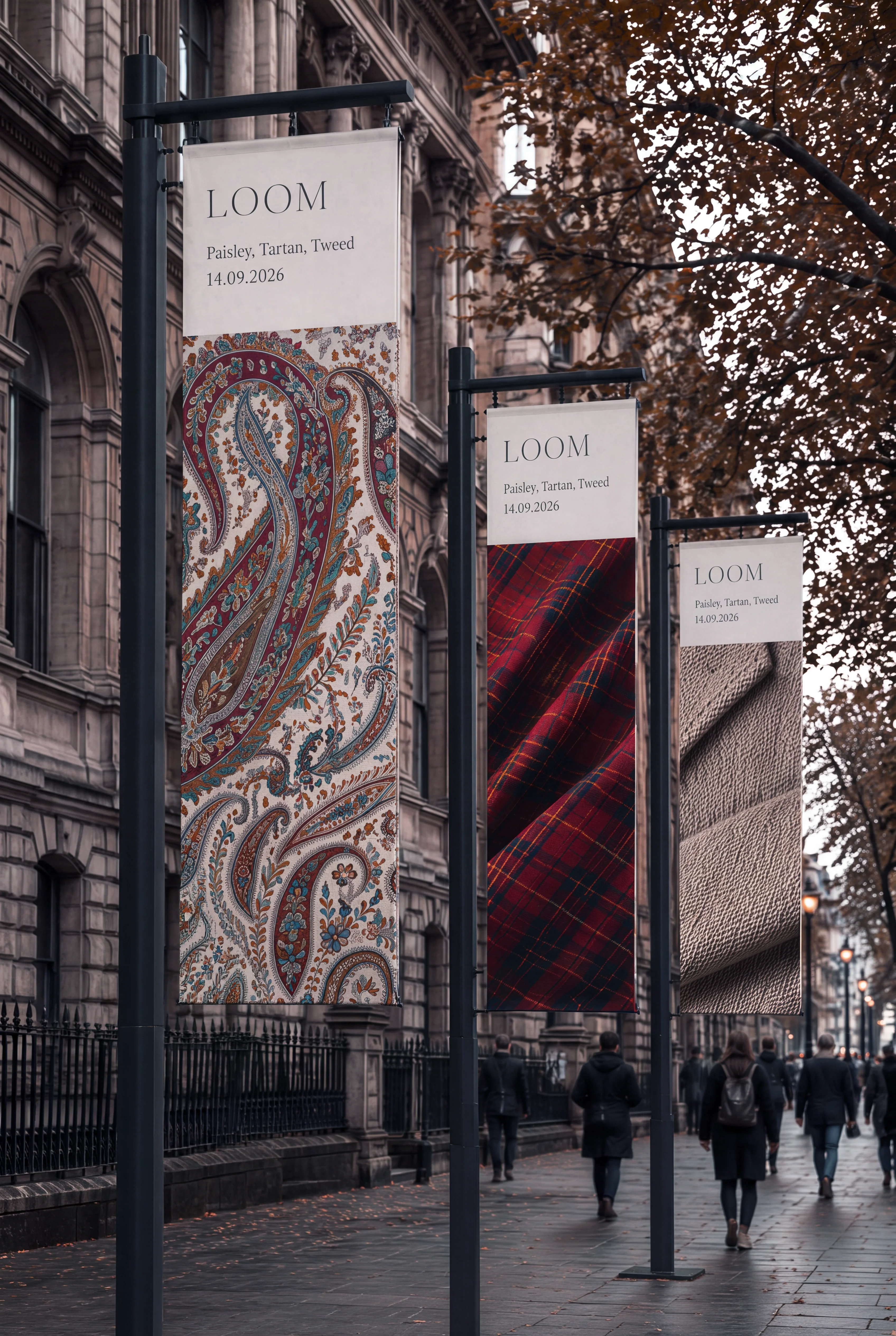 Paisley and Tartan Loom exhibition banners displayed along a city street — Experience Design by Parallel Creative Agency — Loom, culture