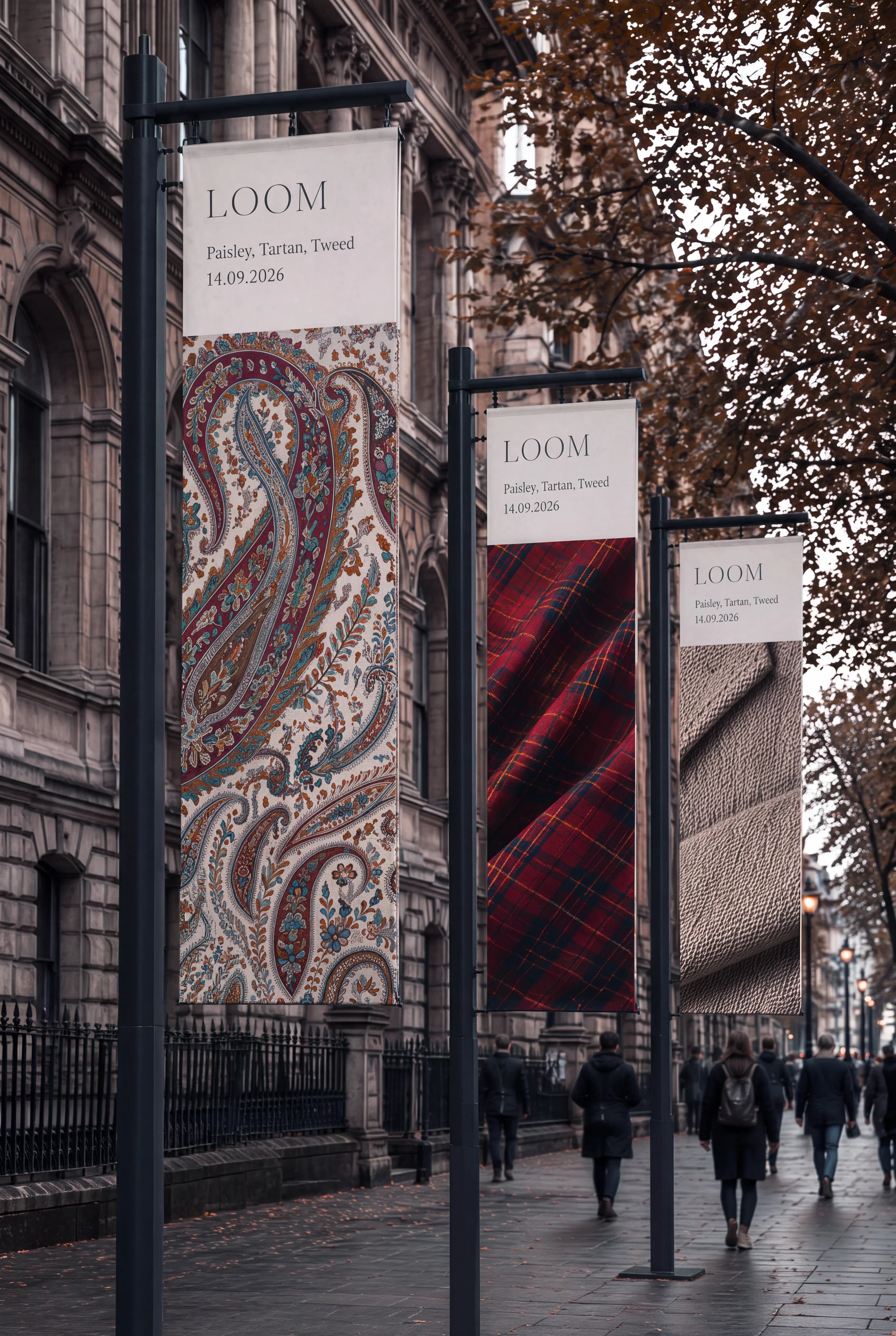 Paisley and Tartan Loom exhibition banners displayed along a city street — Experience Design by Parallel Creative Agency — Loom, culture