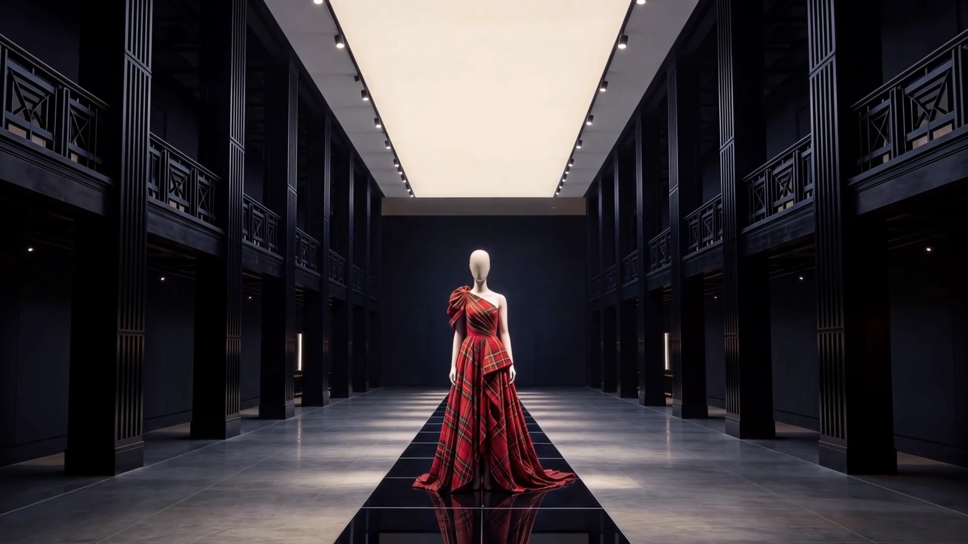 Loom hero video: arched storefront windows displaying Paisley, Tartan and Tweed installations