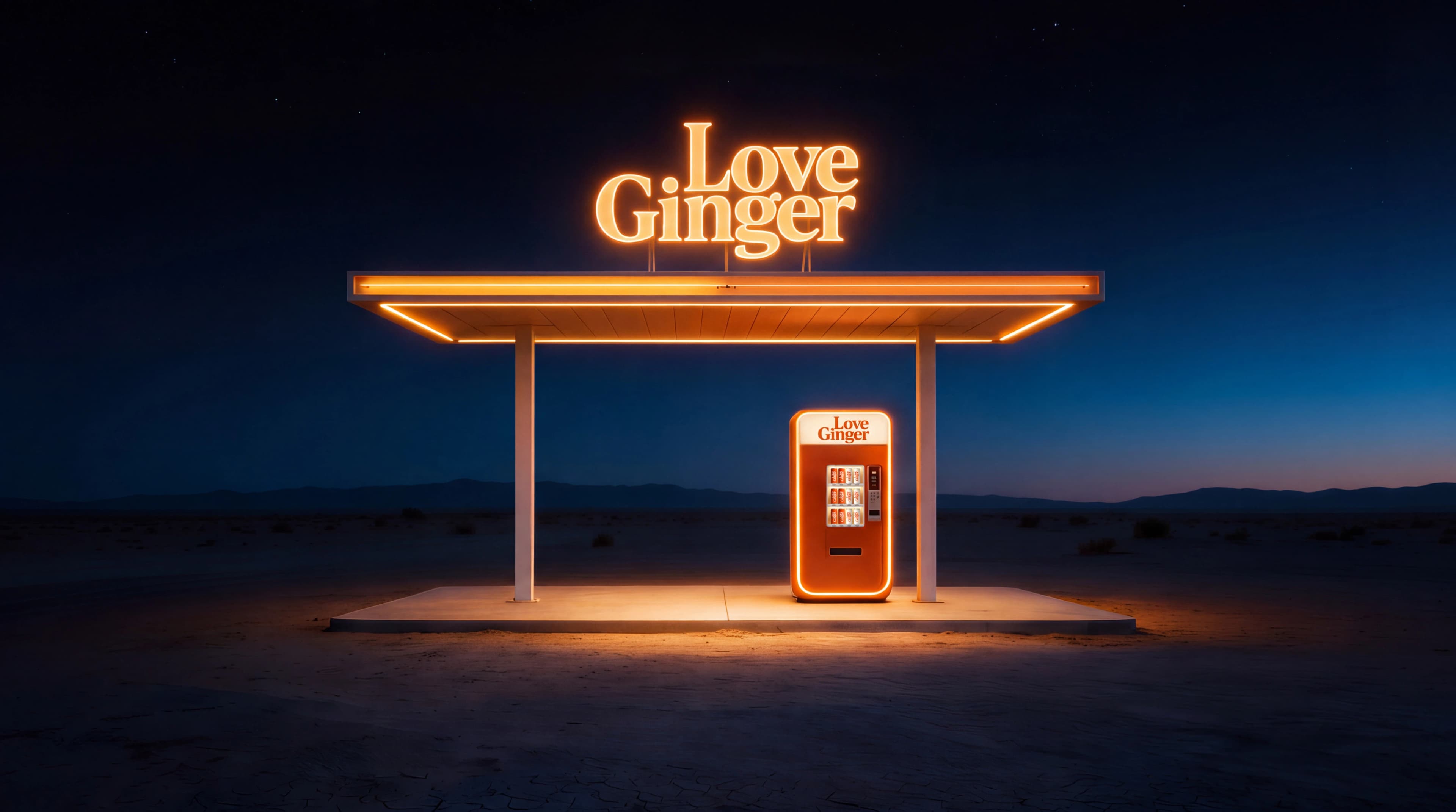 Illuminated Love Ginger desert forecourt and vending machine at night — Brand Direction by Parallel Creative Agency — Love Ginger, retail