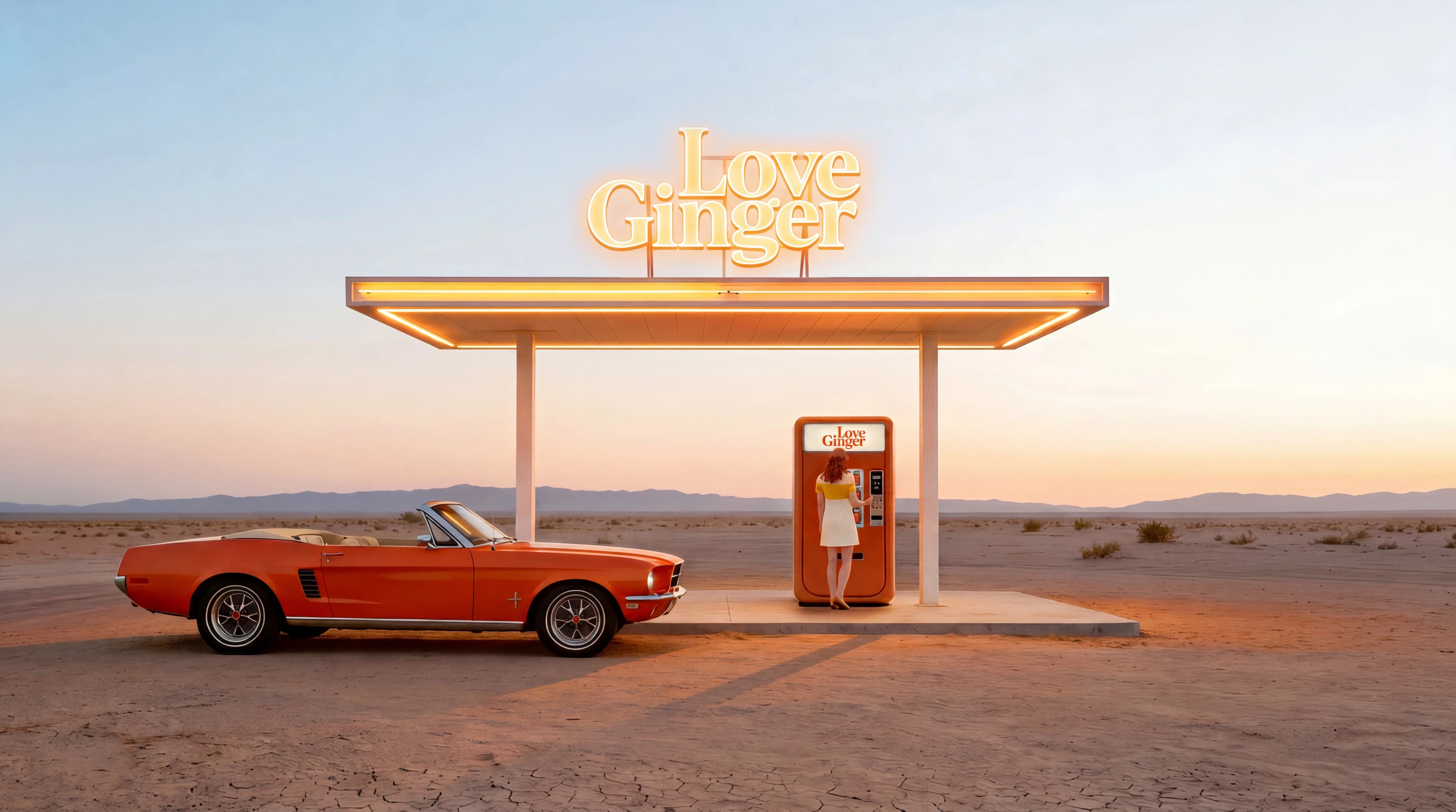 Vintage orange convertible parked beside a Love Ginger desert forecourt — Campaign Direction by Parallel Creative Agency — Love Ginger, drinks