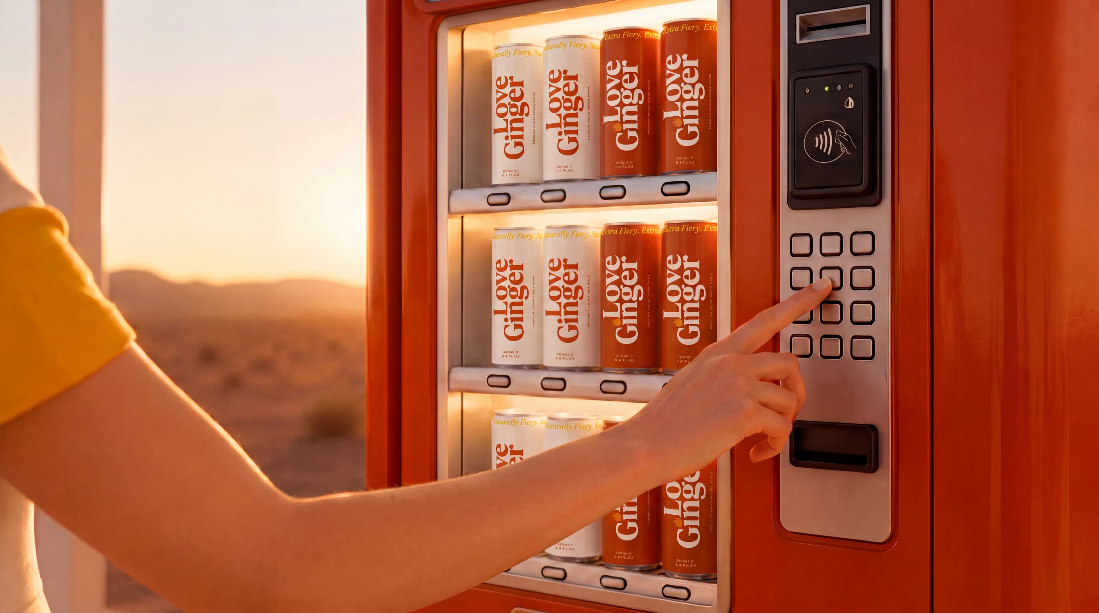 Hand selecting a Love Ginger can from a branded vending machine — Campaign Direction by Parallel Creative Agency — Love Ginger, drinks