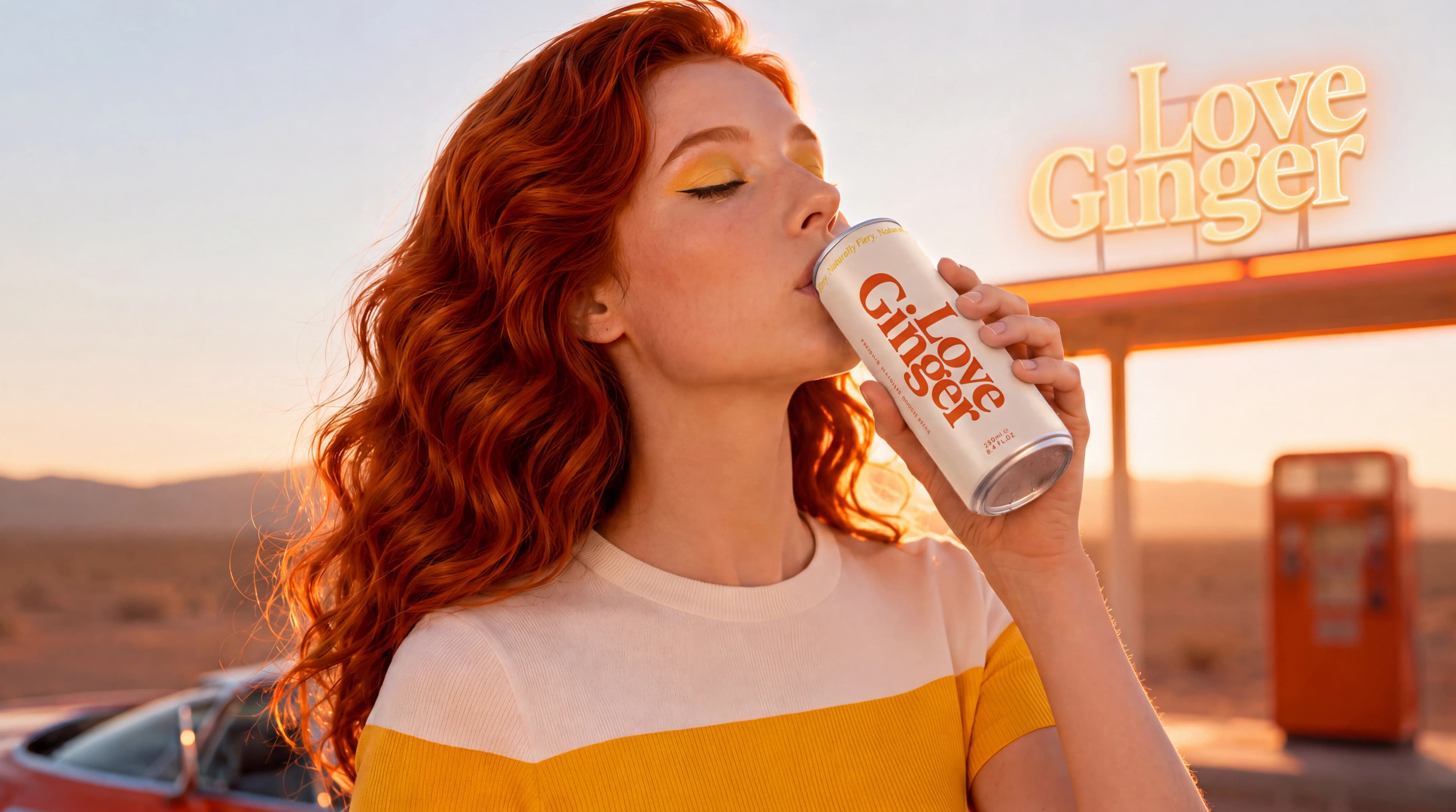 Red-haired model sipping Love Ginger in warm backlit desert light — Campaign Direction by Parallel Creative Agency — Love Ginger, drinks