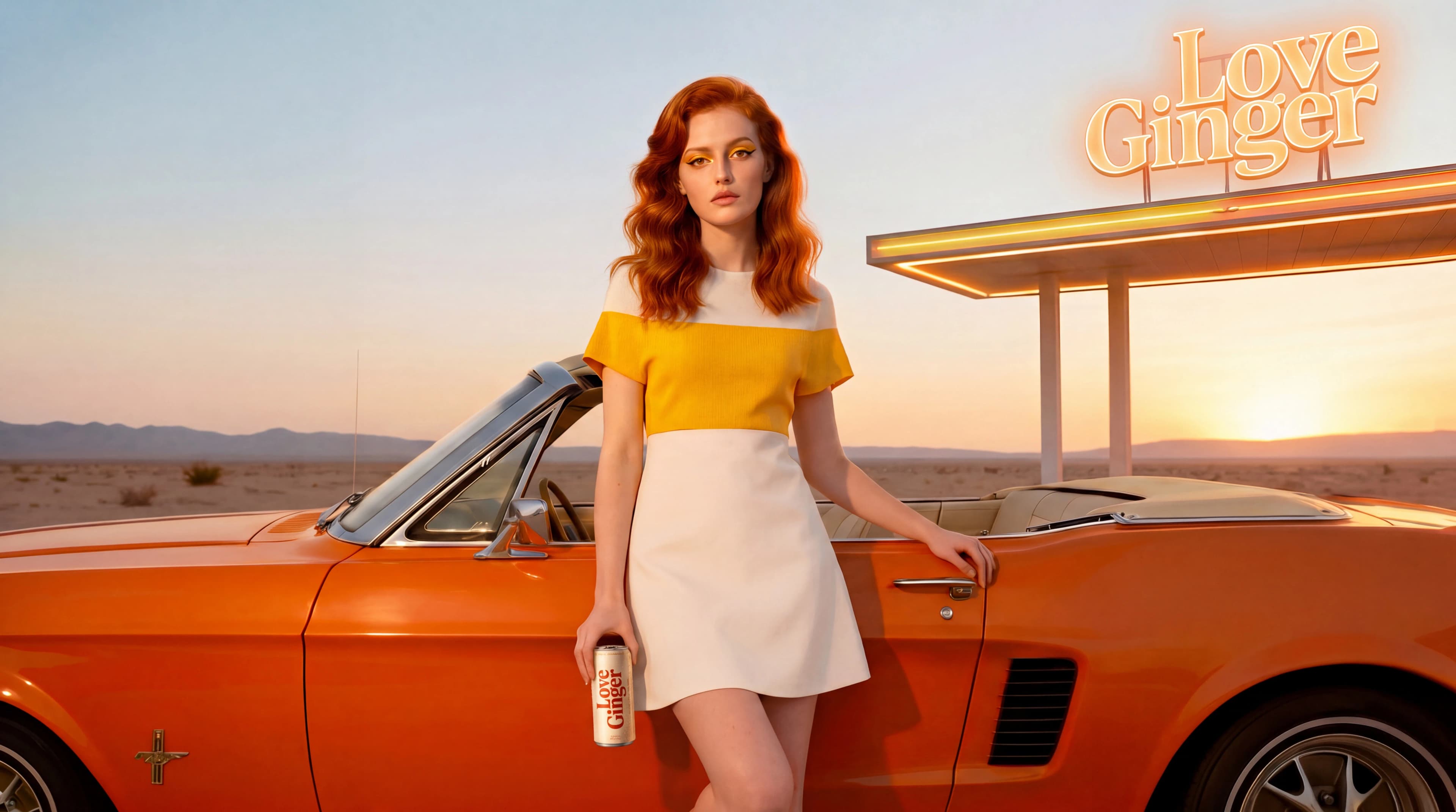 Model holding a Love Ginger can beside a vintage orange convertible — Campaign Direction by Parallel Creative Agency — Love Ginger, drinks