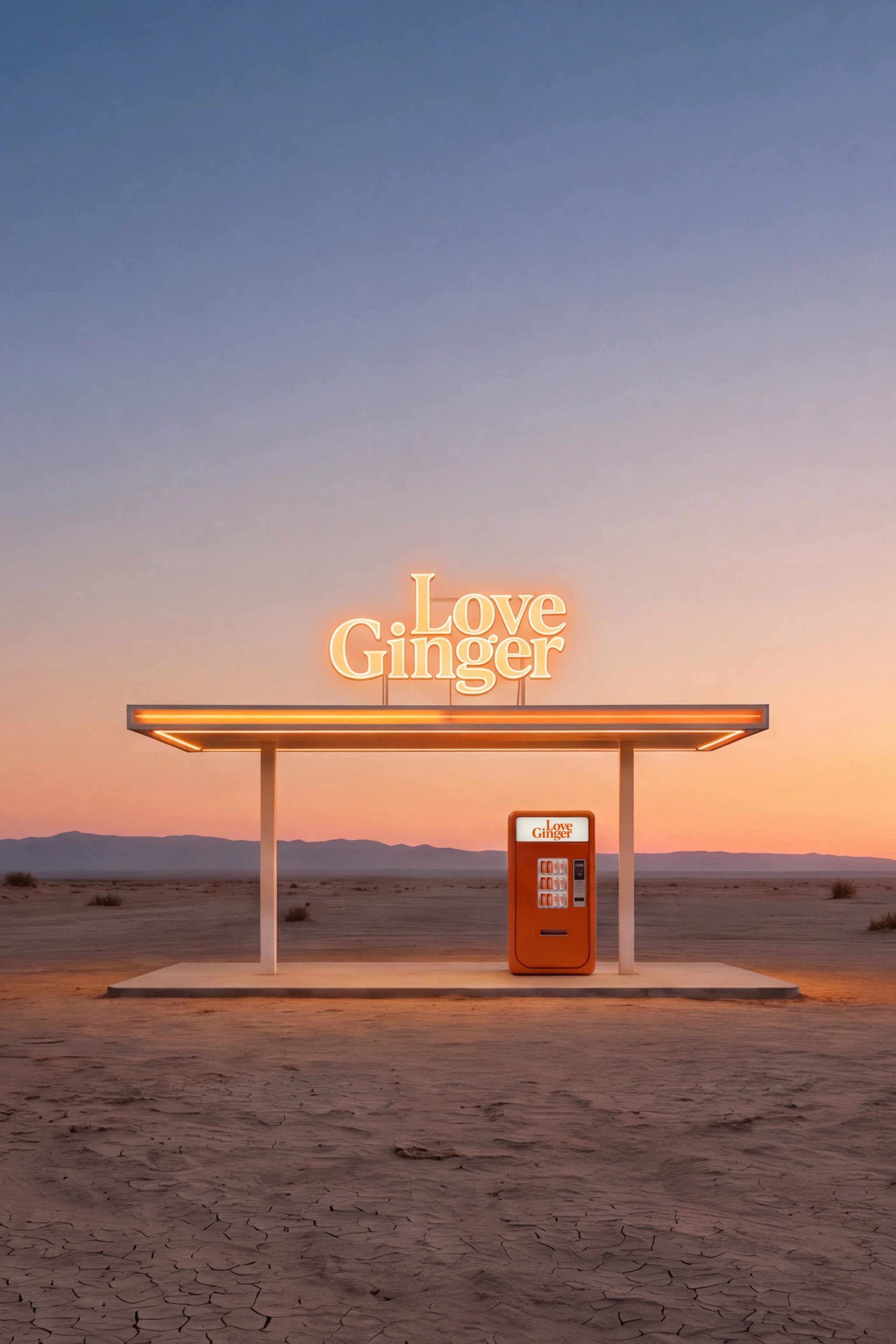 Portrait view of a Love Ginger desert forecourt and vending machine at sunset — Brand Direction by Parallel Creative Agency — Love Ginger, retail
