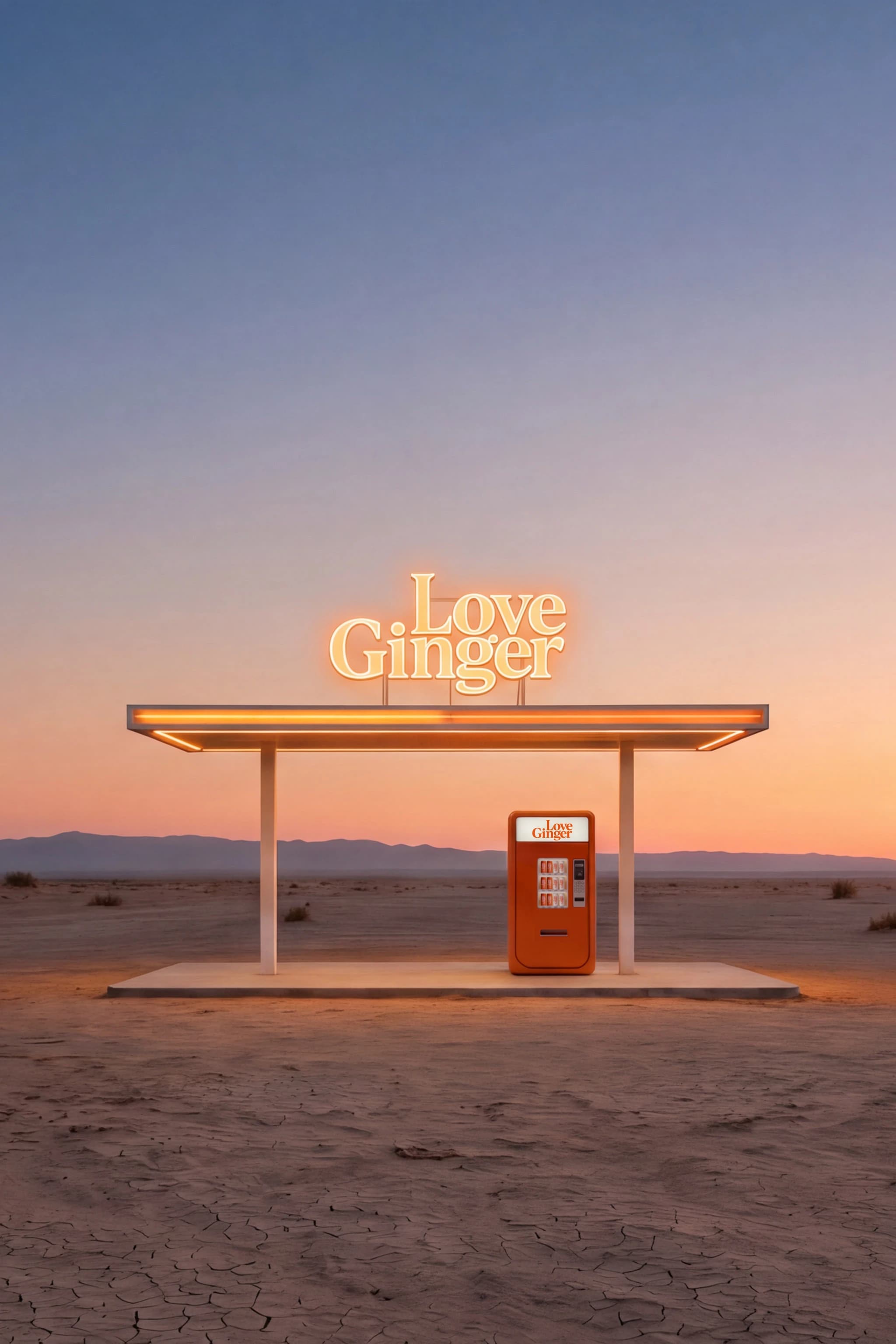 Portrait view of a Love Ginger desert forecourt and vending machine at sunset — Brand Direction by Parallel Creative Agency — Love Ginger, retail