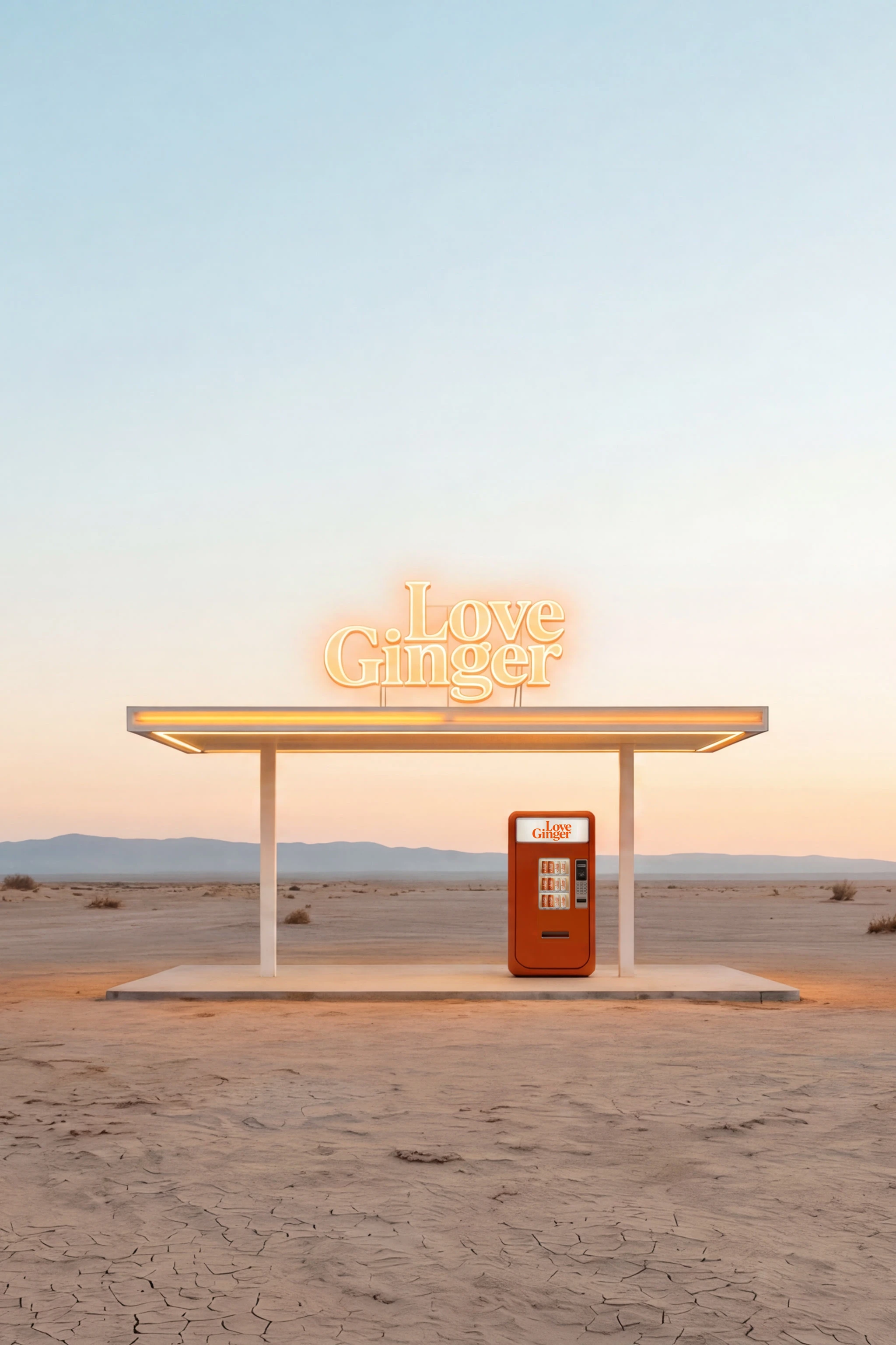 Portrait view of a Love Ginger branded forecourt and vending machine in daylight — Brand Direction by Parallel Creative Agency — Love Ginger, retail