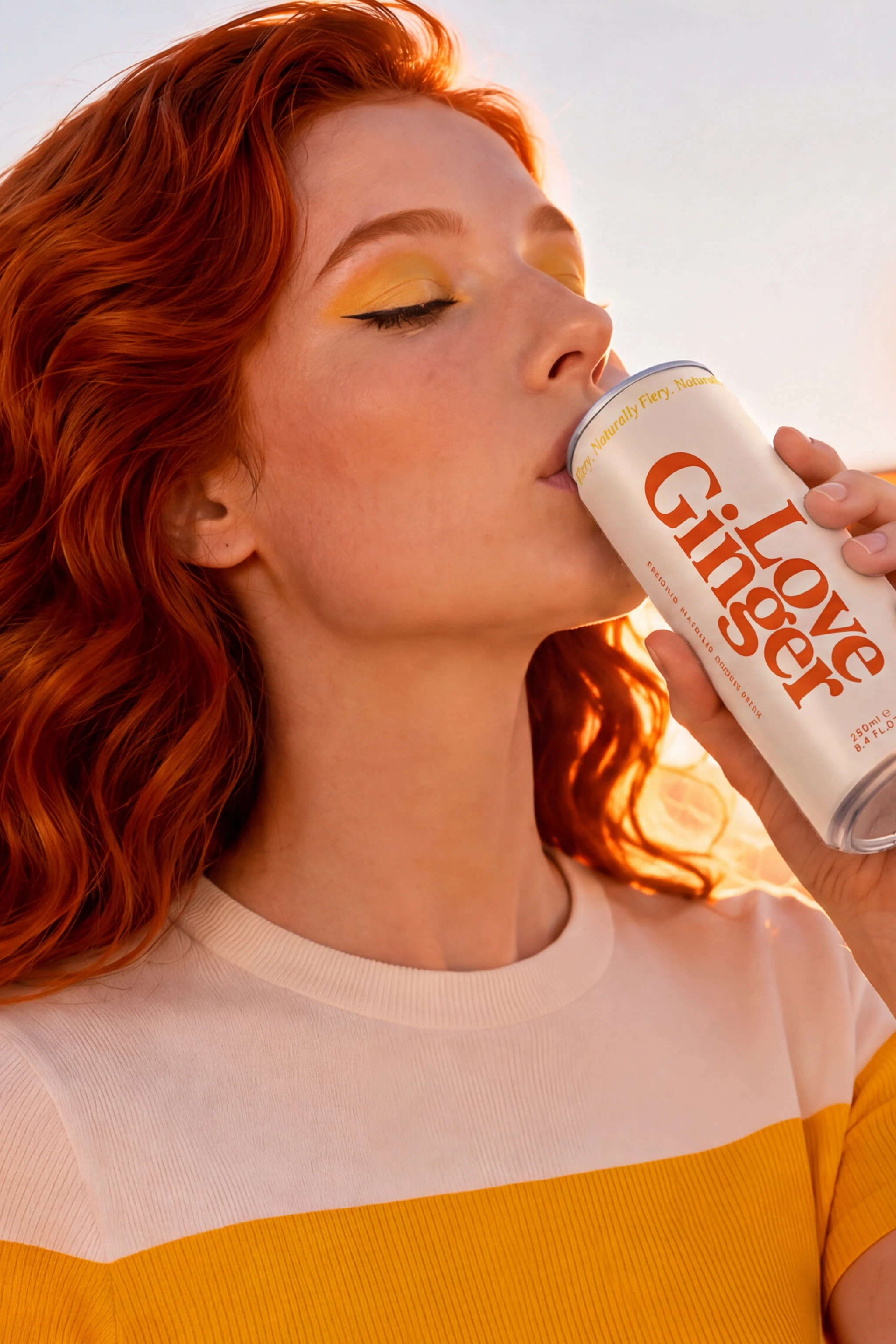 Close portrait of a red-haired model sipping from a Love Ginger can — Campaign Direction by Parallel Creative Agency — Love Ginger, drinks