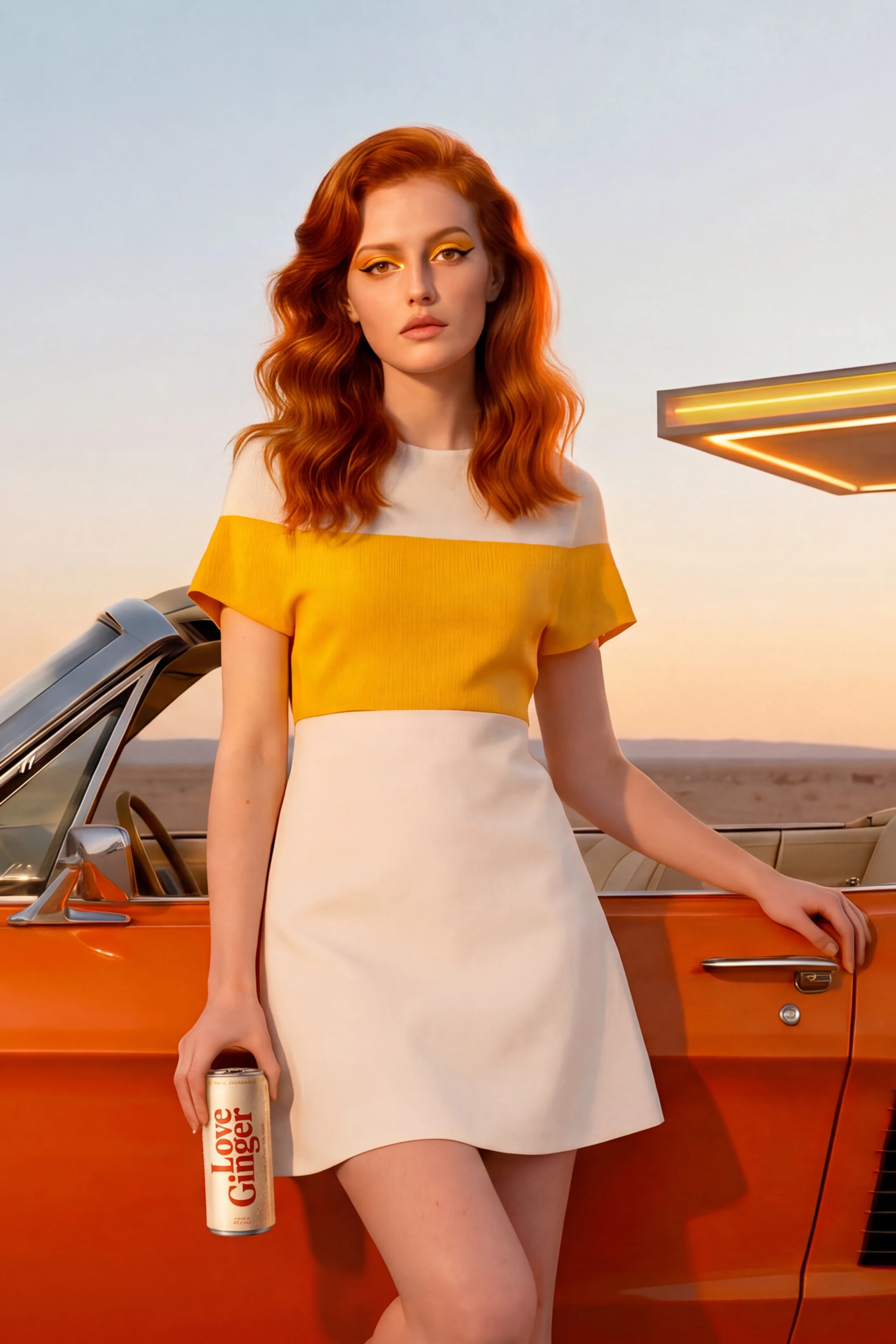 Full-length portrait of a model holding Love Ginger beside a vintage car — Campaign Direction by Parallel Creative Agency — Love Ginger, drinks