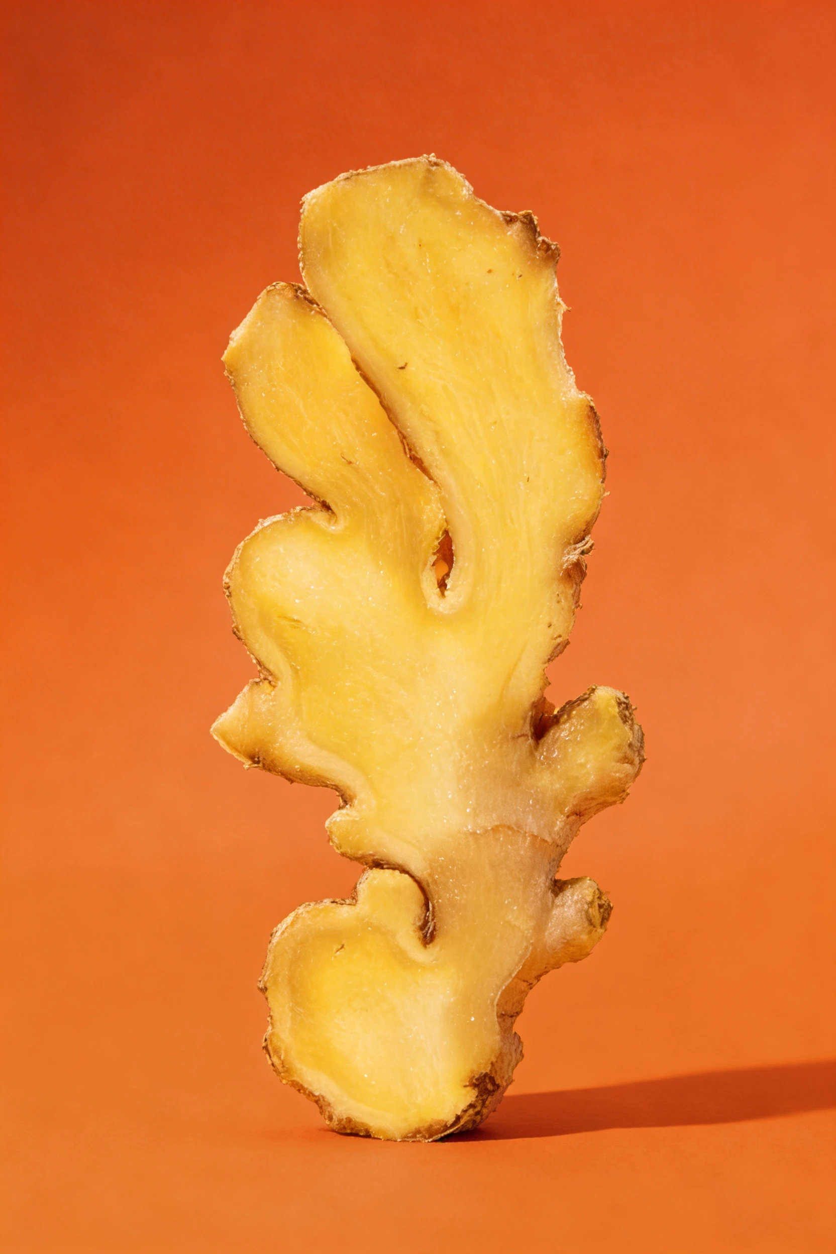 Single sliced ginger root standing upright against an orange background — Product Design by Parallel Creative Agency — Love Ginger, drinks