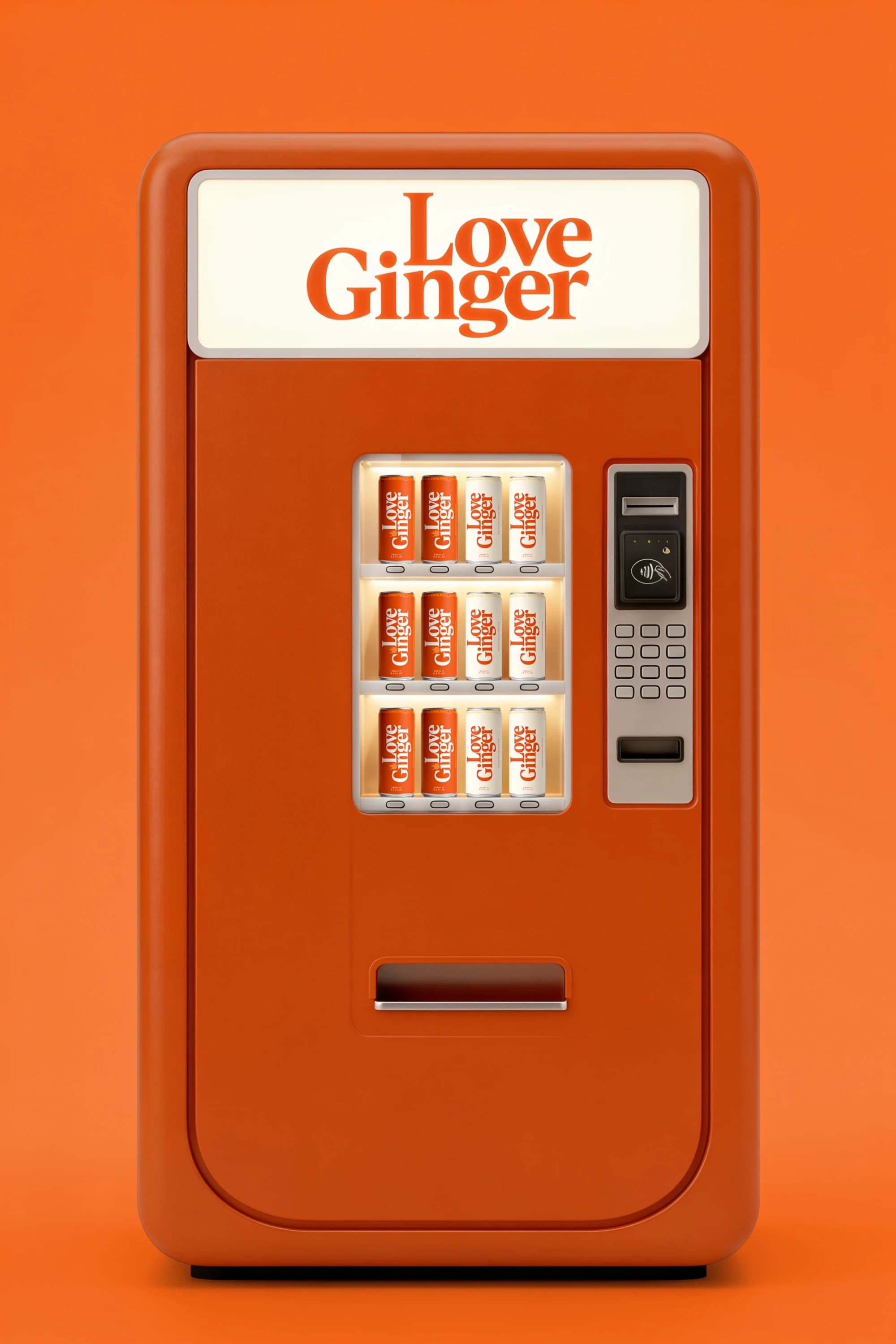 Love Ginger branded vending machine photographed in bright orange light — Brand Direction by Parallel Creative Agency — Love Ginger, retail