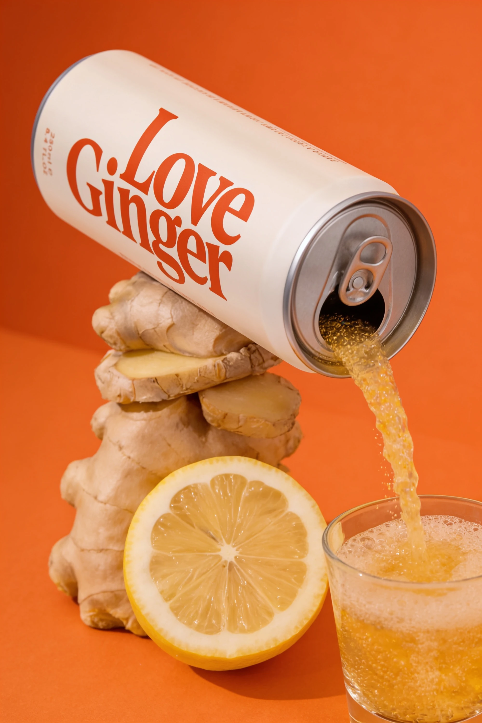 Cream Love Ginger can pouring into a glass beside ginger and lemon — Product Design by Parallel Creative Agency — Love Ginger, drinks
