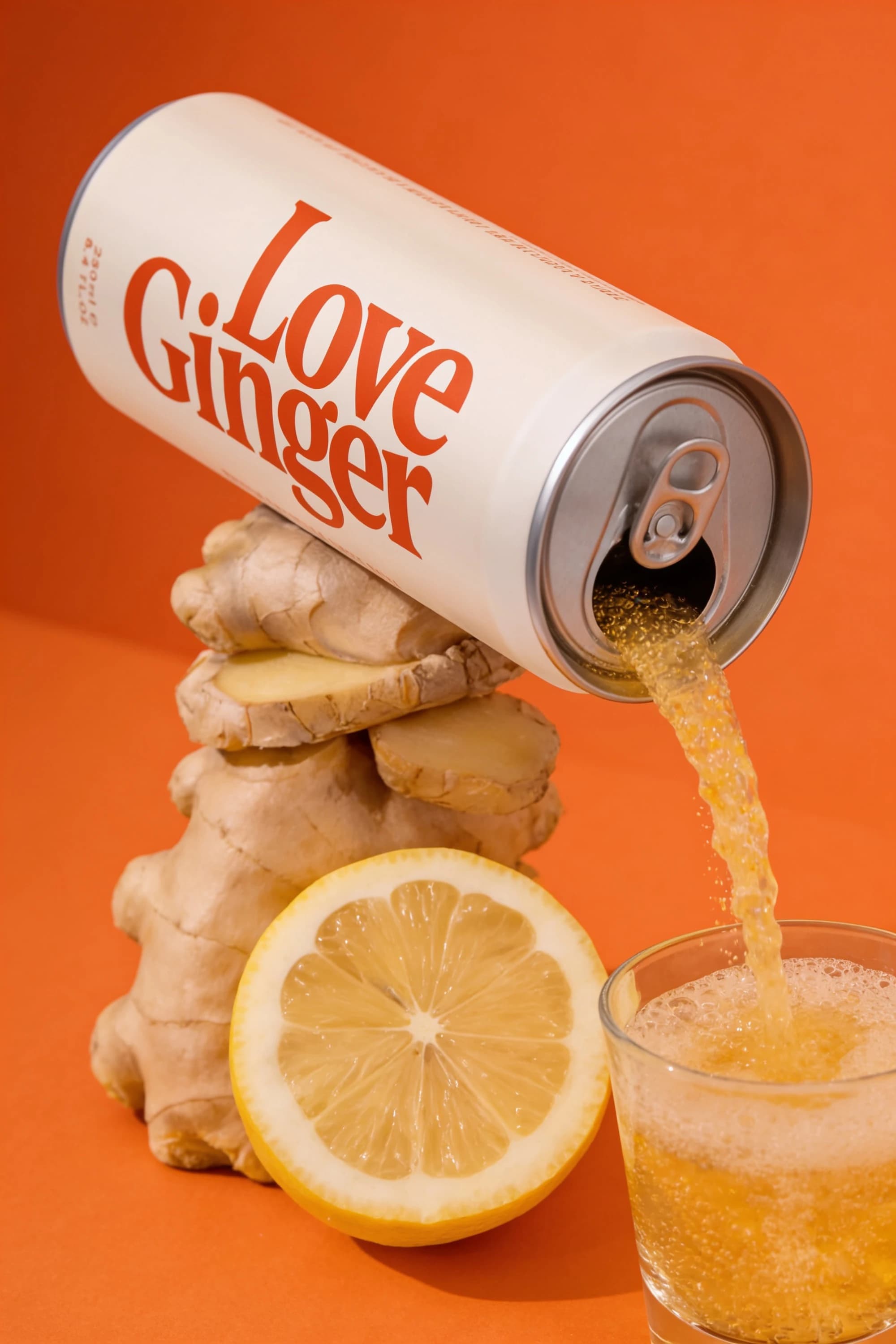 Cream Love Ginger can pouring into a glass beside ginger and lemon — Product Design by Parallel Creative Agency — Love Ginger, drinks