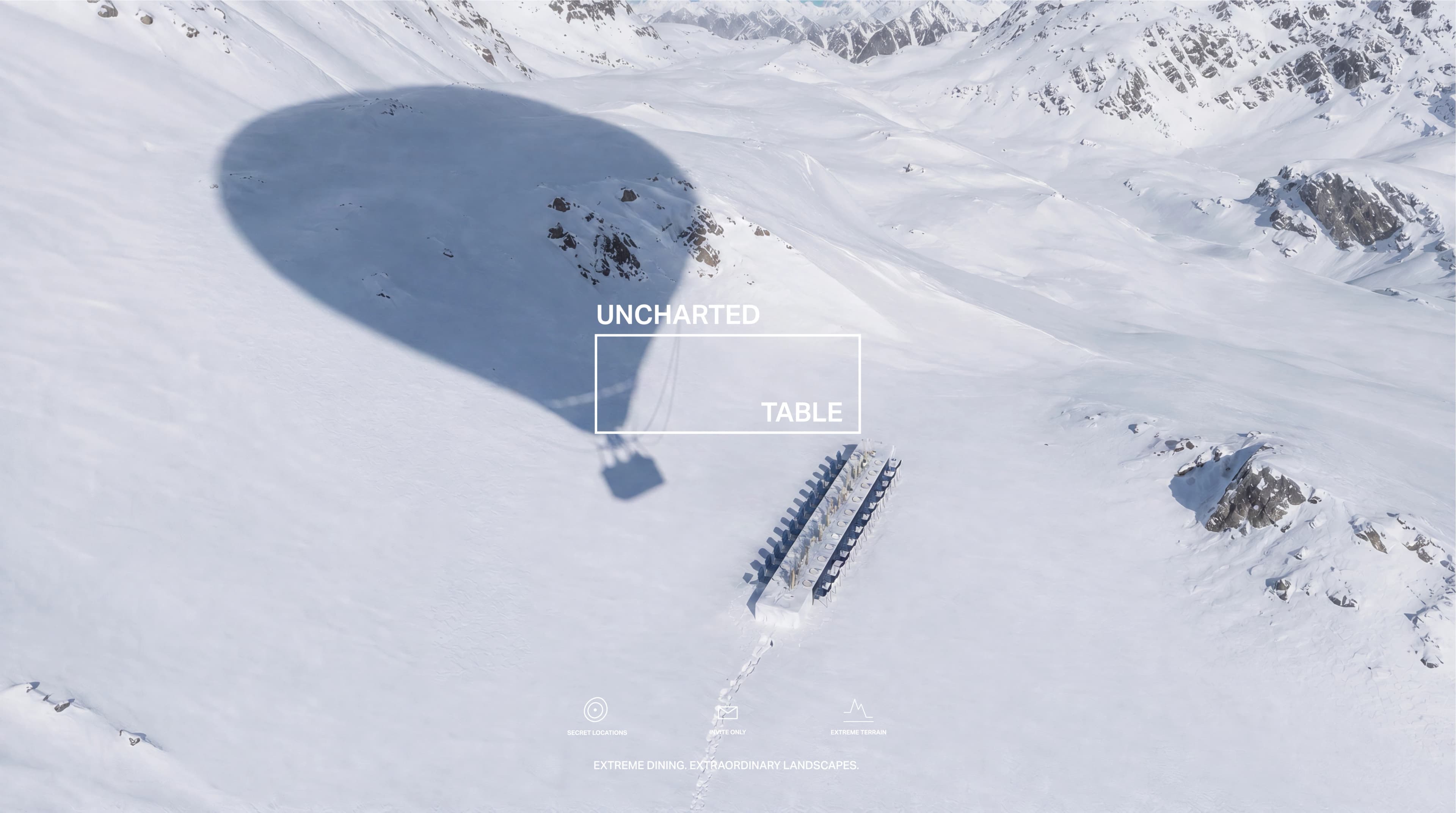 Uncharted Table identity over an aerial view of a glacier dining table and balloon shadow — Brand Design by Parallel Creative Agency — Uncharted Table, hospitality and entertainment