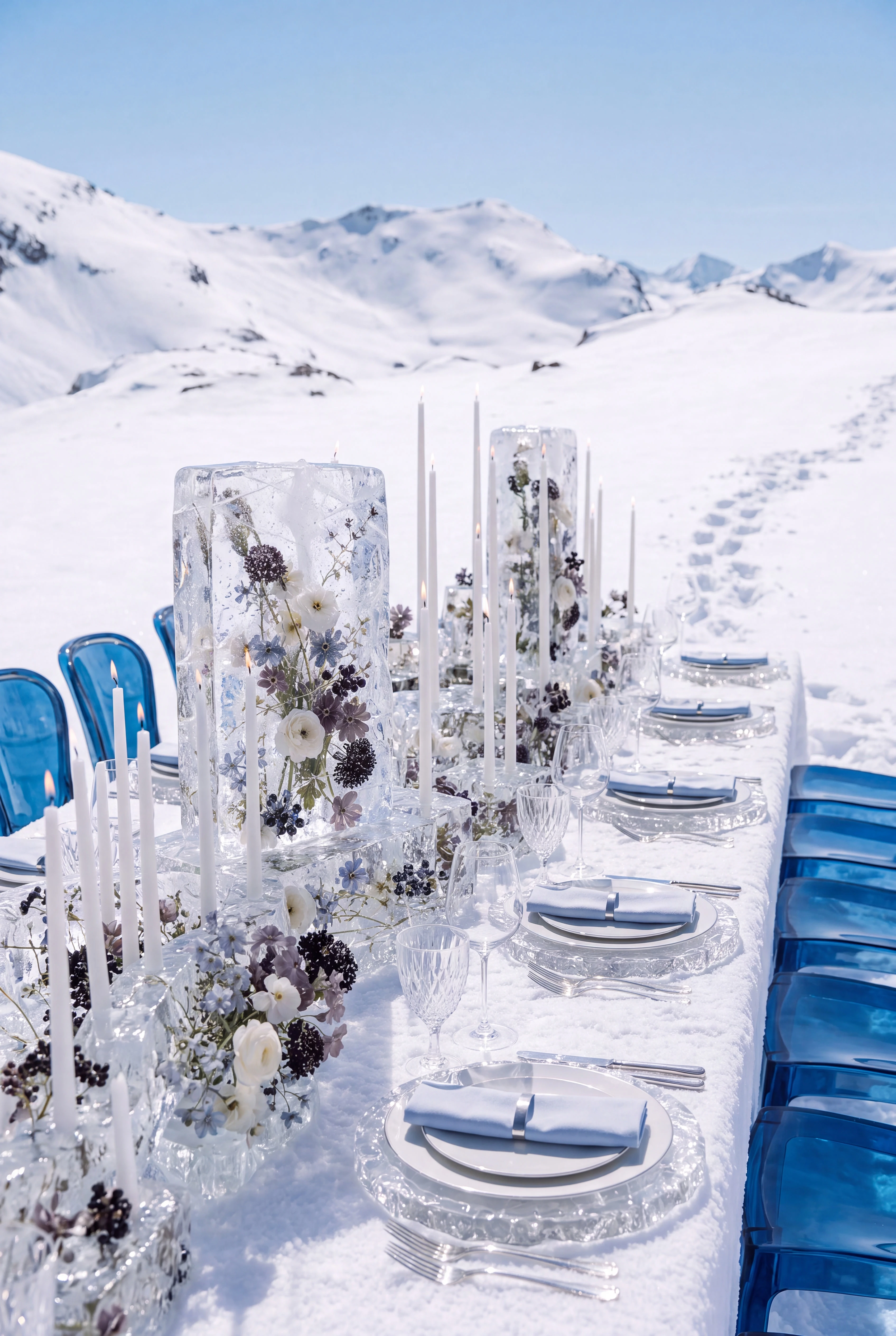 Long glacier dining table extending toward snowy peaks with transparent floral centrepieces — Spatial Design by Parallel Creative Agency — Uncharted Table, hospitality