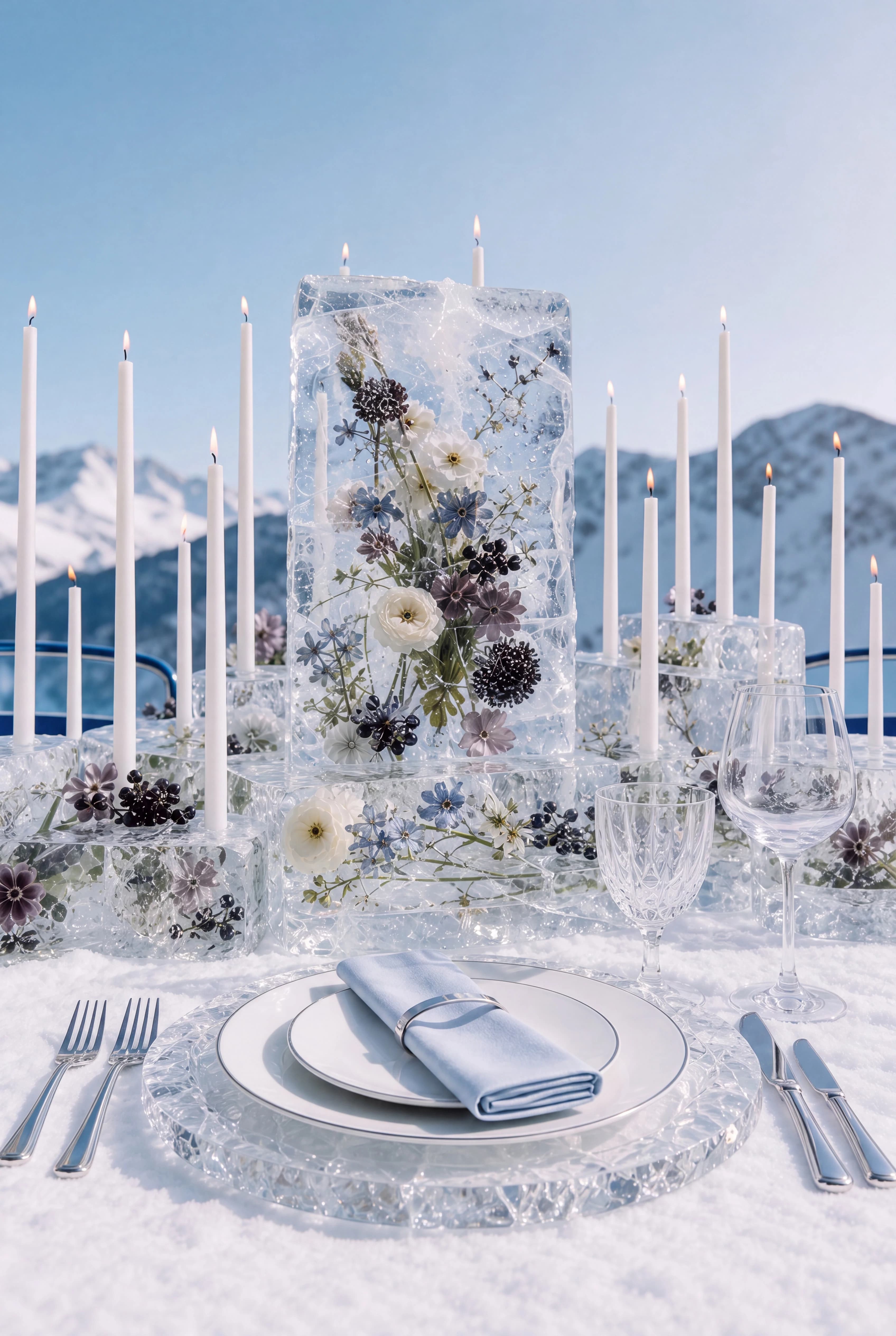 Formal white place setting beside candles and flowers embedded in clear ice-like vessels — Experience Design by Parallel Creative Agency — Uncharted Table, hospitality