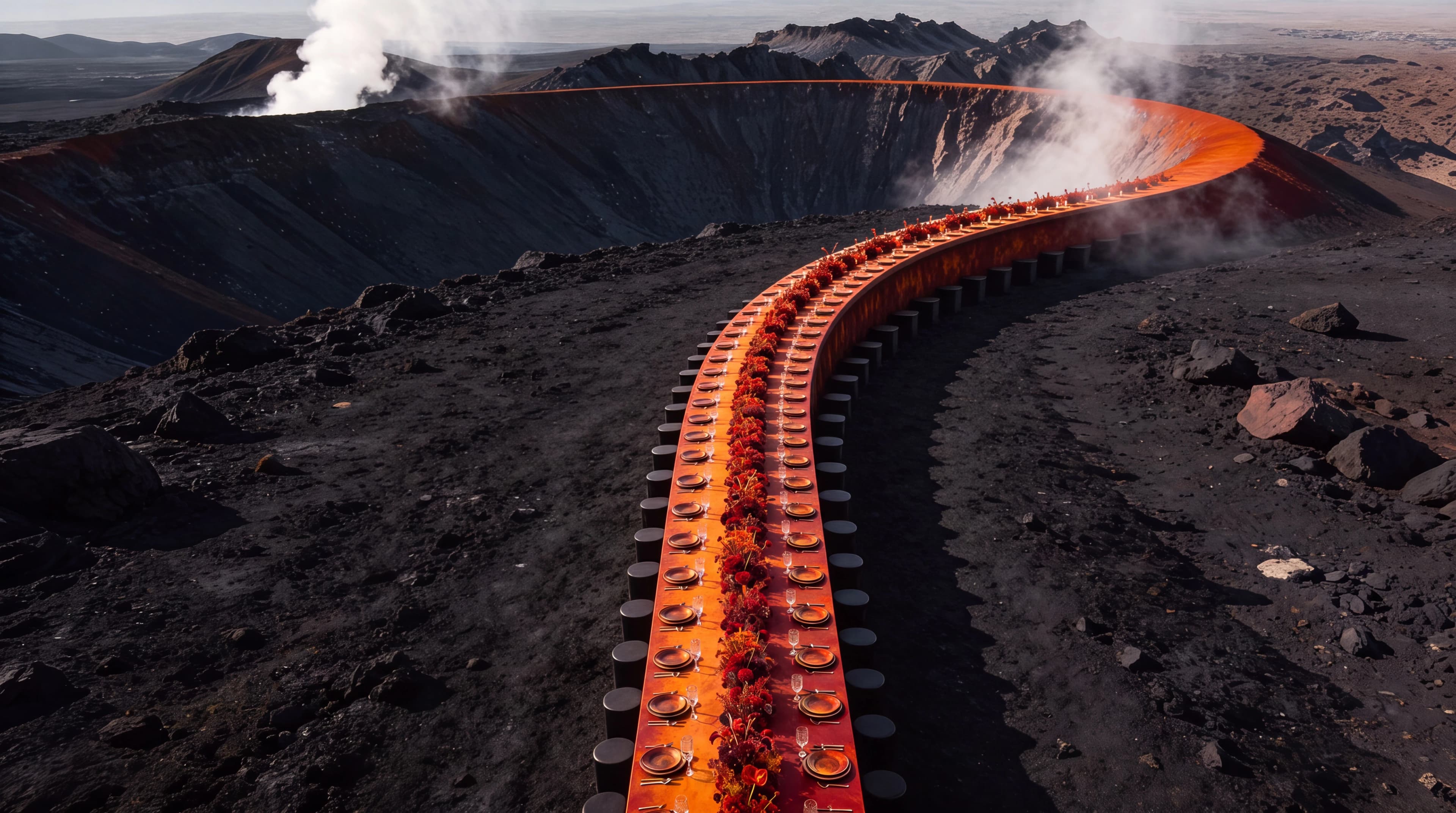 Curving orange dining table following the rim of a steaming volcanic crater — Experience Design by Parallel Creative Agency — Uncharted Table, hospitality and culture