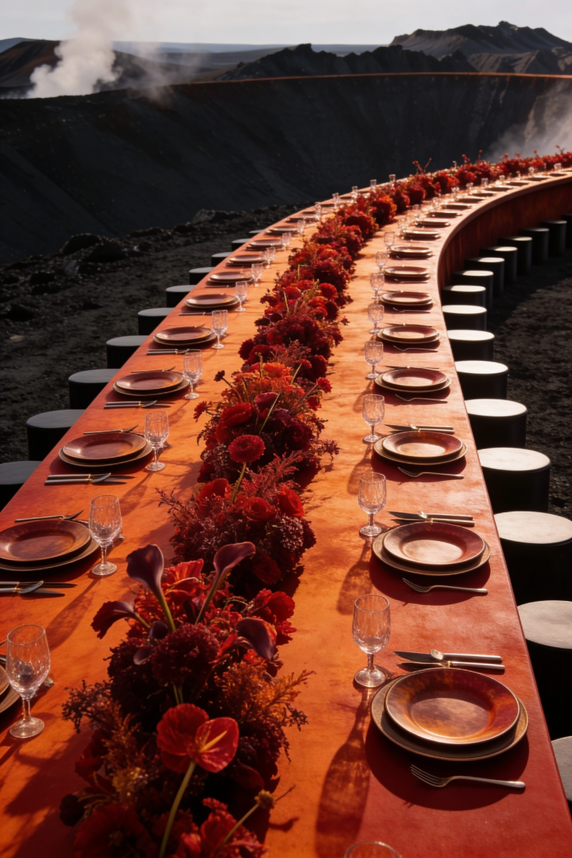 Vertical view along a volcanic dining table set with dark plates and red flowers — Spatial Design by Parallel Creative Agency — Uncharted Table, hospitality