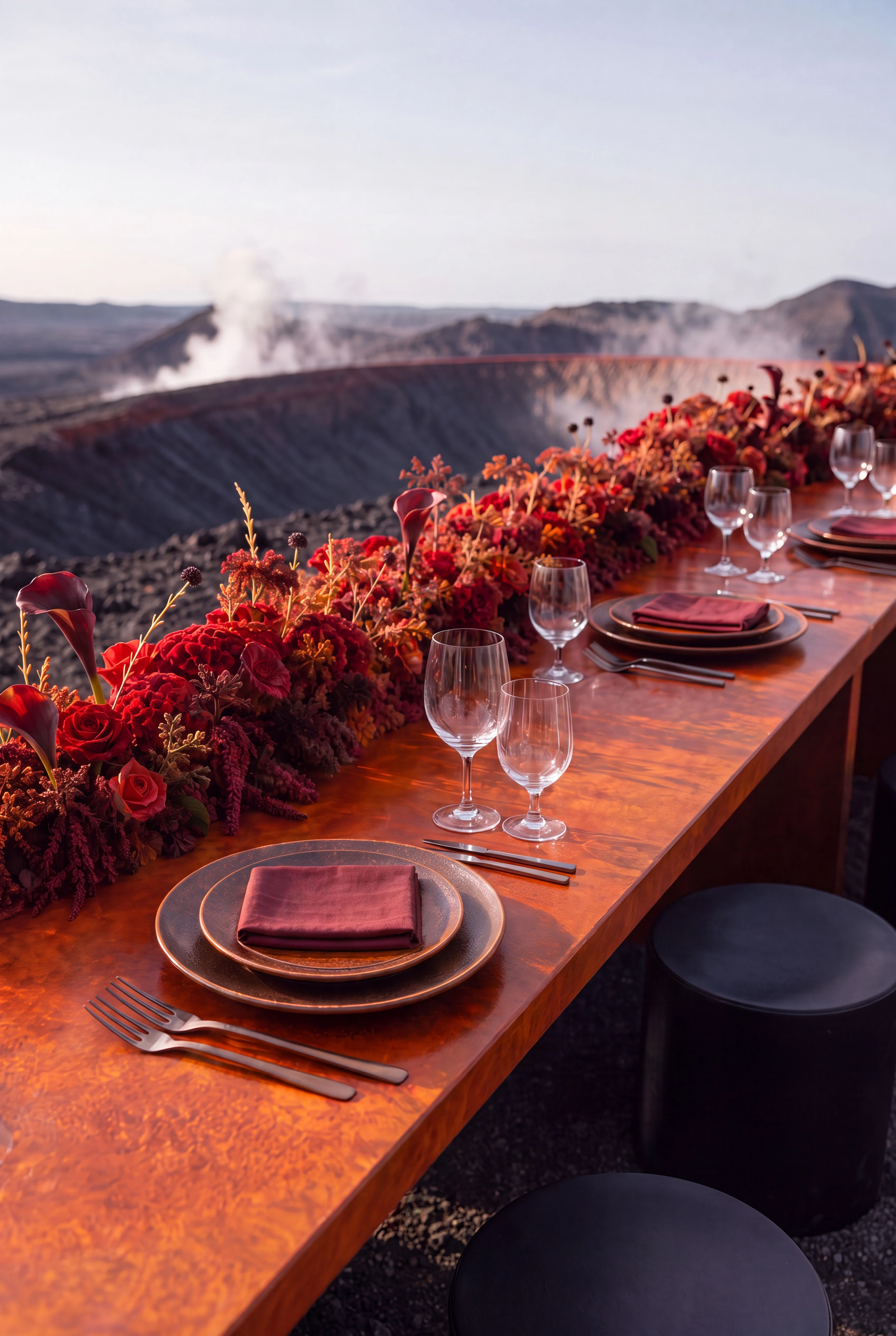 Dark place setting, glassware and dense red flowers overlooking a steaming crater — Experience Design by Parallel Creative Agency — Uncharted Table, hospitality