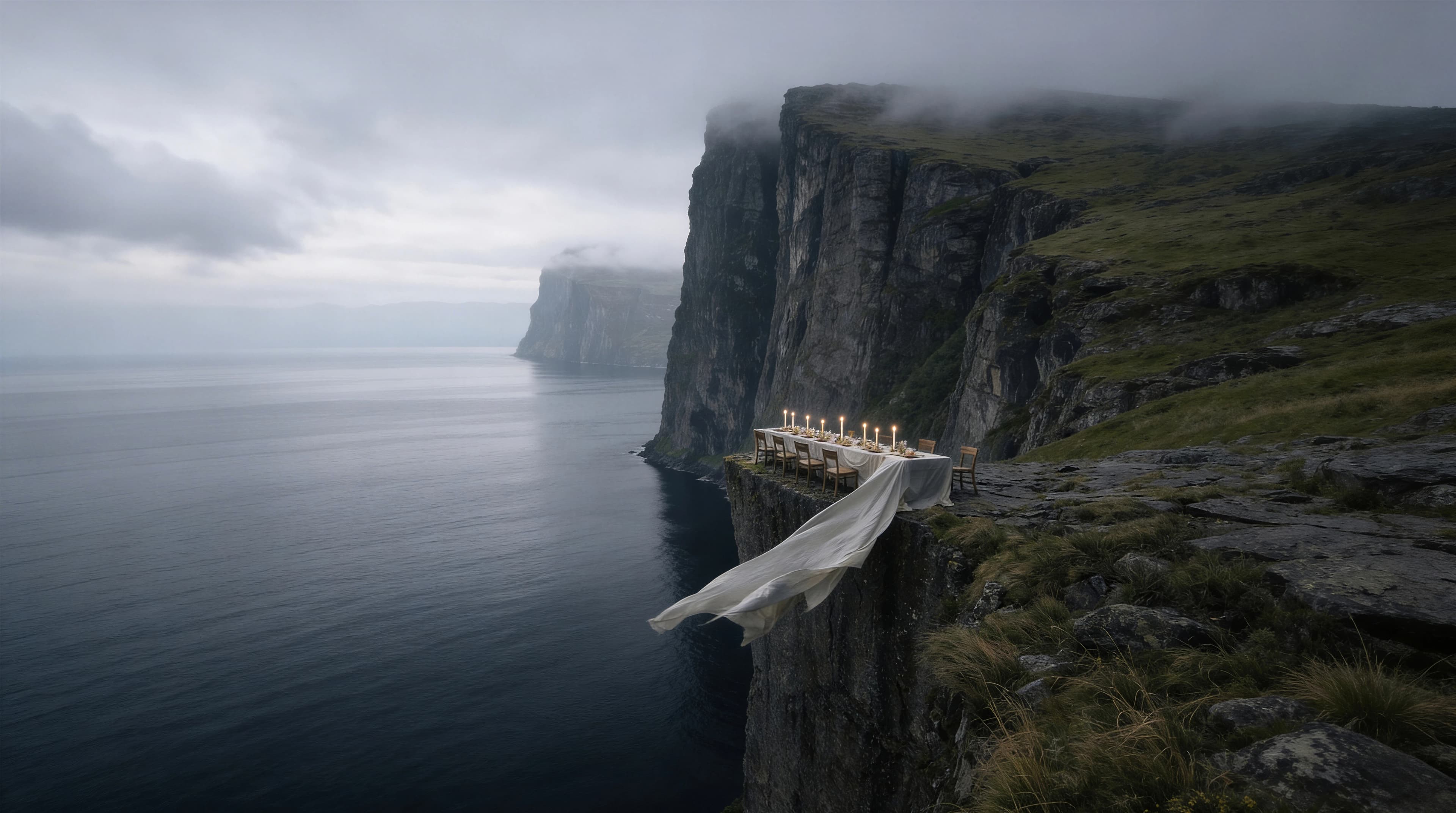 Long white dining table extending from a misty grass-covered cliff above the ocean — Spatial Design by Parallel Creative Agency — Uncharted Table, hospitality