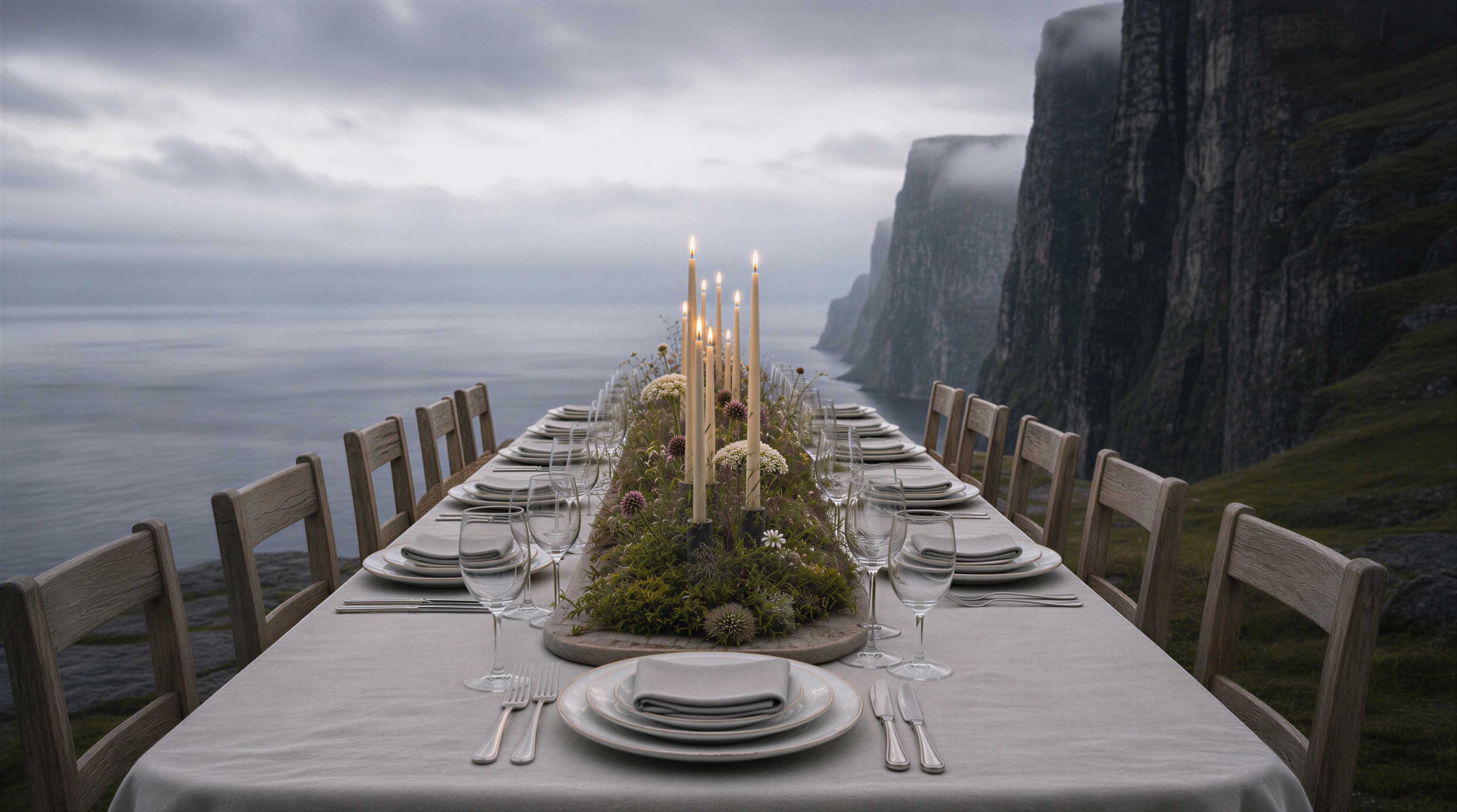 Long formal table aligned toward the ocean between towering mist-covered cliffs — Spatial Design by Parallel Creative Agency — Uncharted Table, hospitality