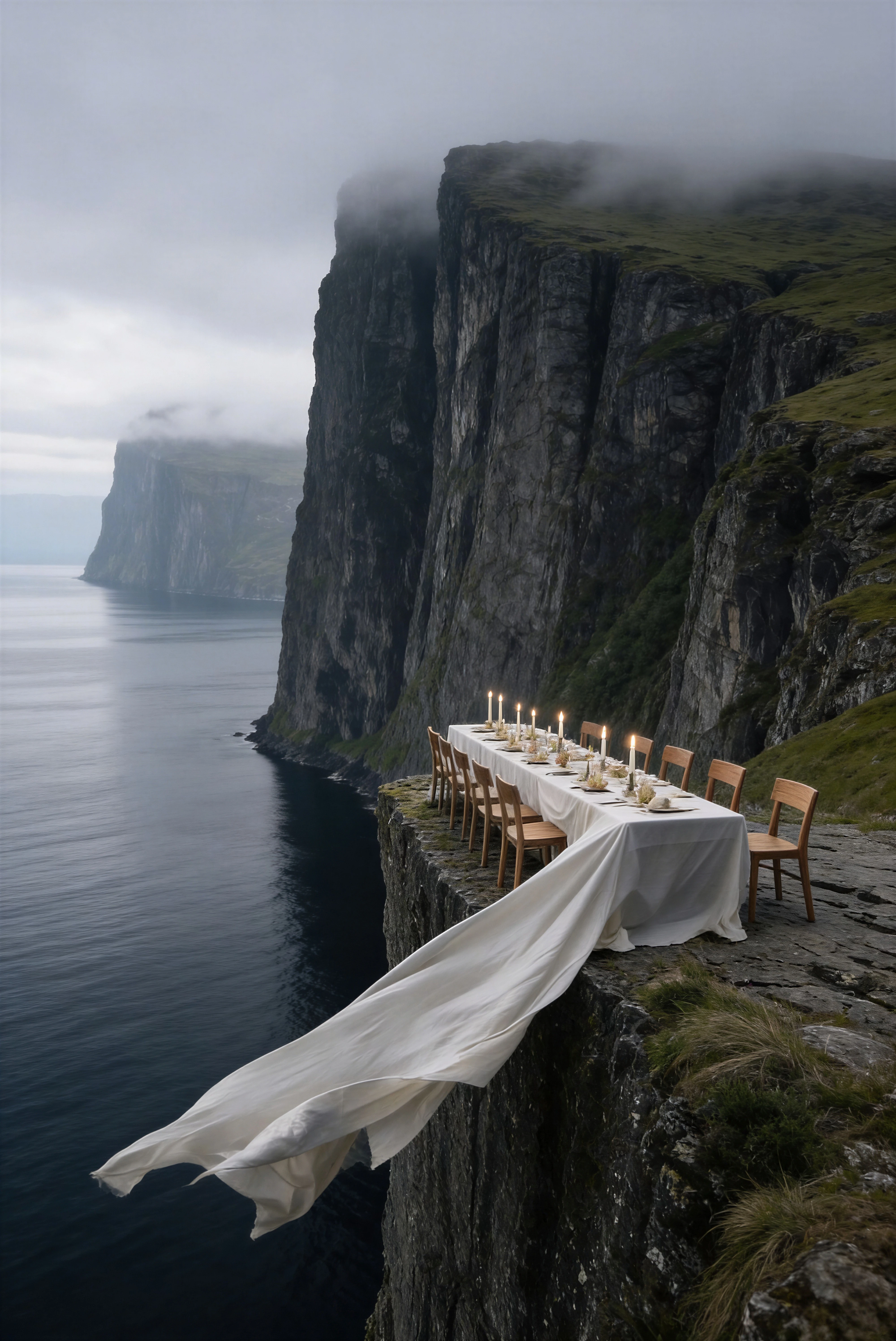 Side view of a white-clothed dining table projecting over a sheer coastal cliff — Spatial Design by Parallel Creative Agency — Uncharted Table, hospitality